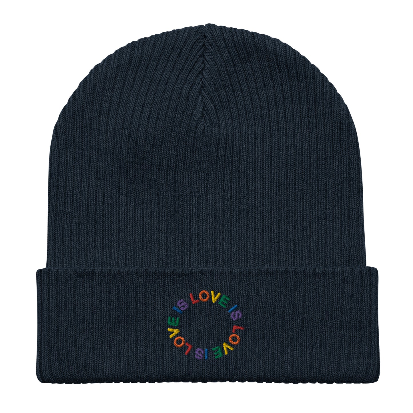 LOVE IS LOVE auf Gerippte Bio-Beanie gestickt