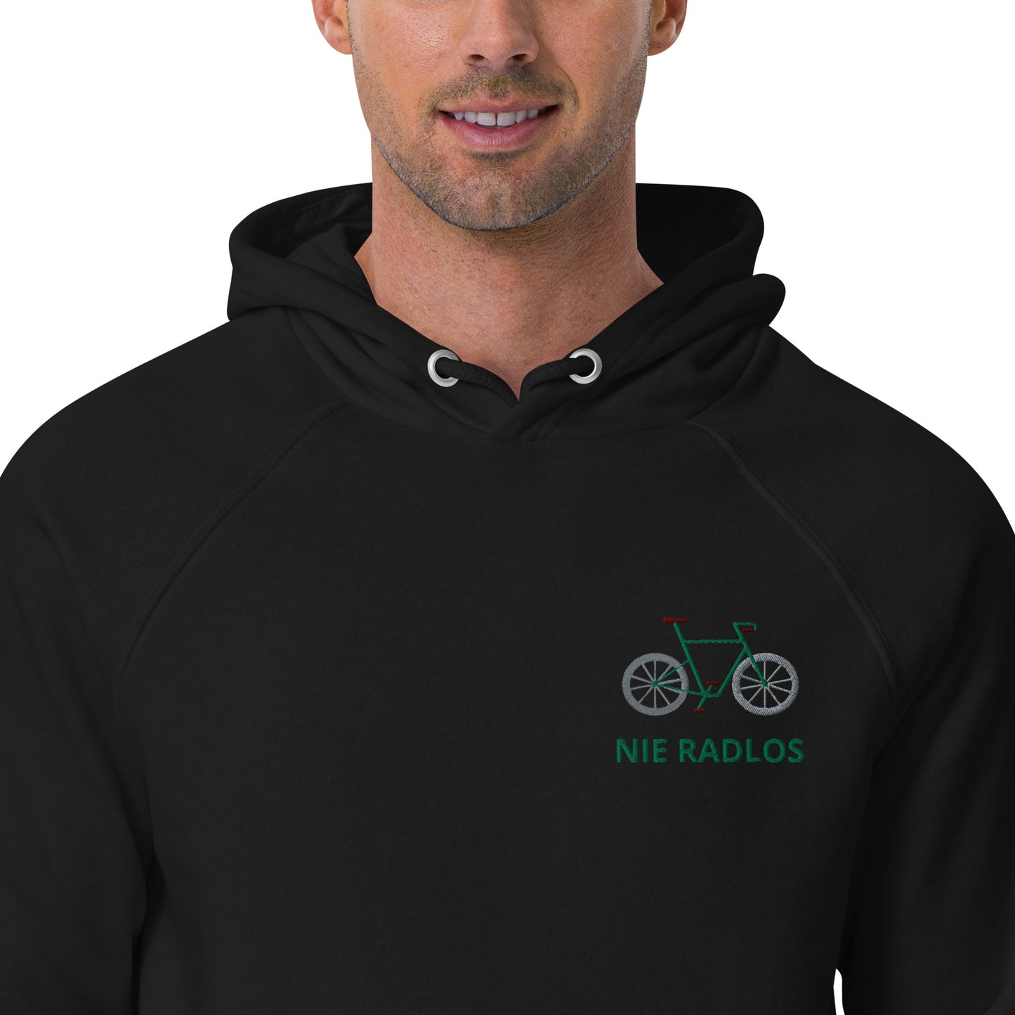 Fahrrad (NIE RADLOS) grün auf Unisex Bio-Raglan-Hoodie gestickt