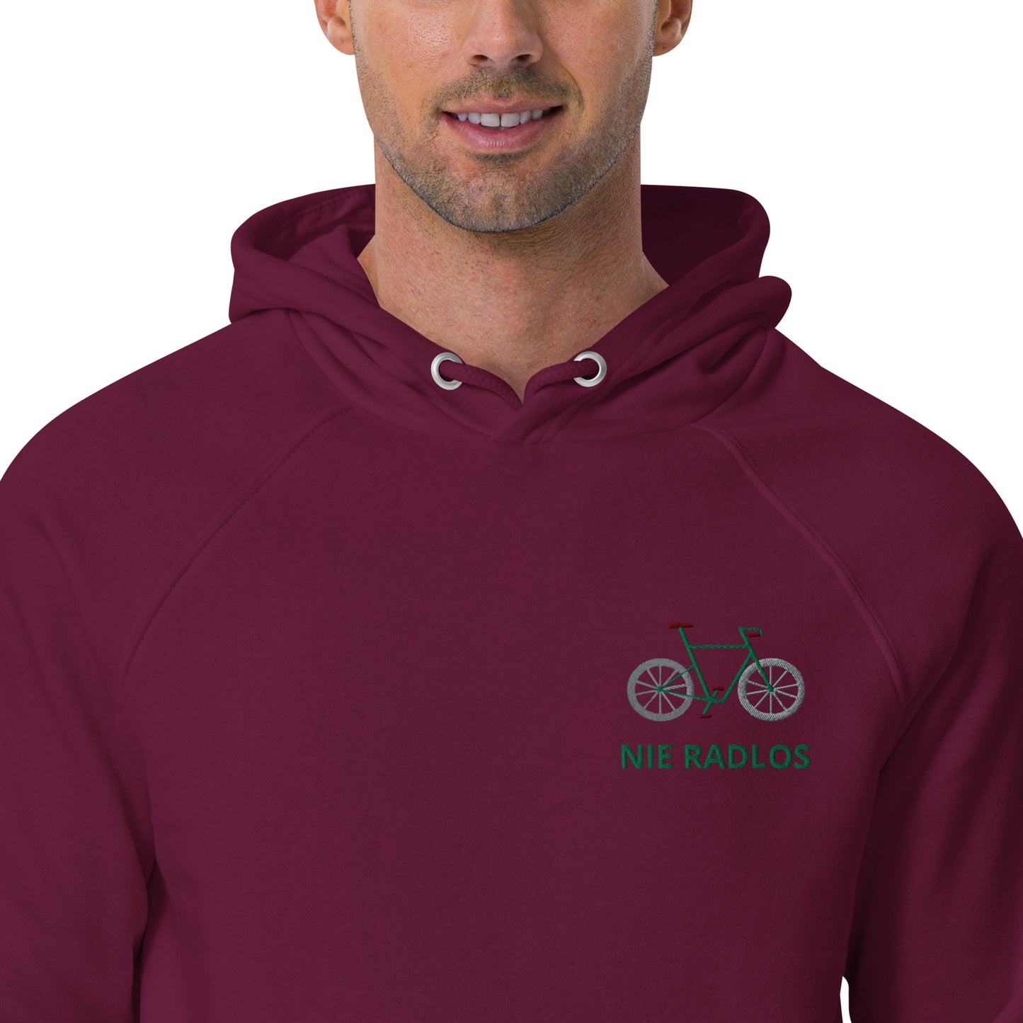 Fahrrad (NIE RADLOS) grün auf Unisex Bio-Raglan-Hoodie gestickt