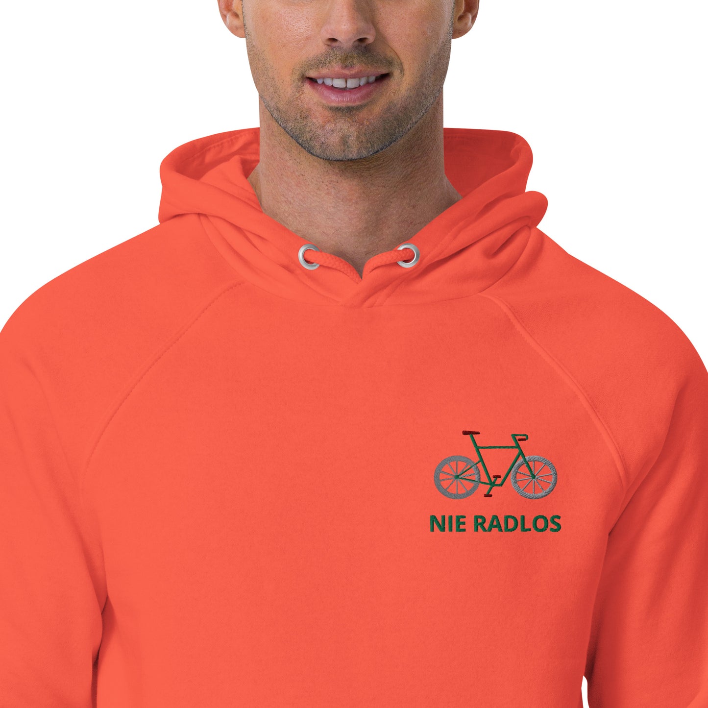 Fahrrad (NIE RADLOS) grün auf Unisex Bio-Raglan-Hoodie gestickt