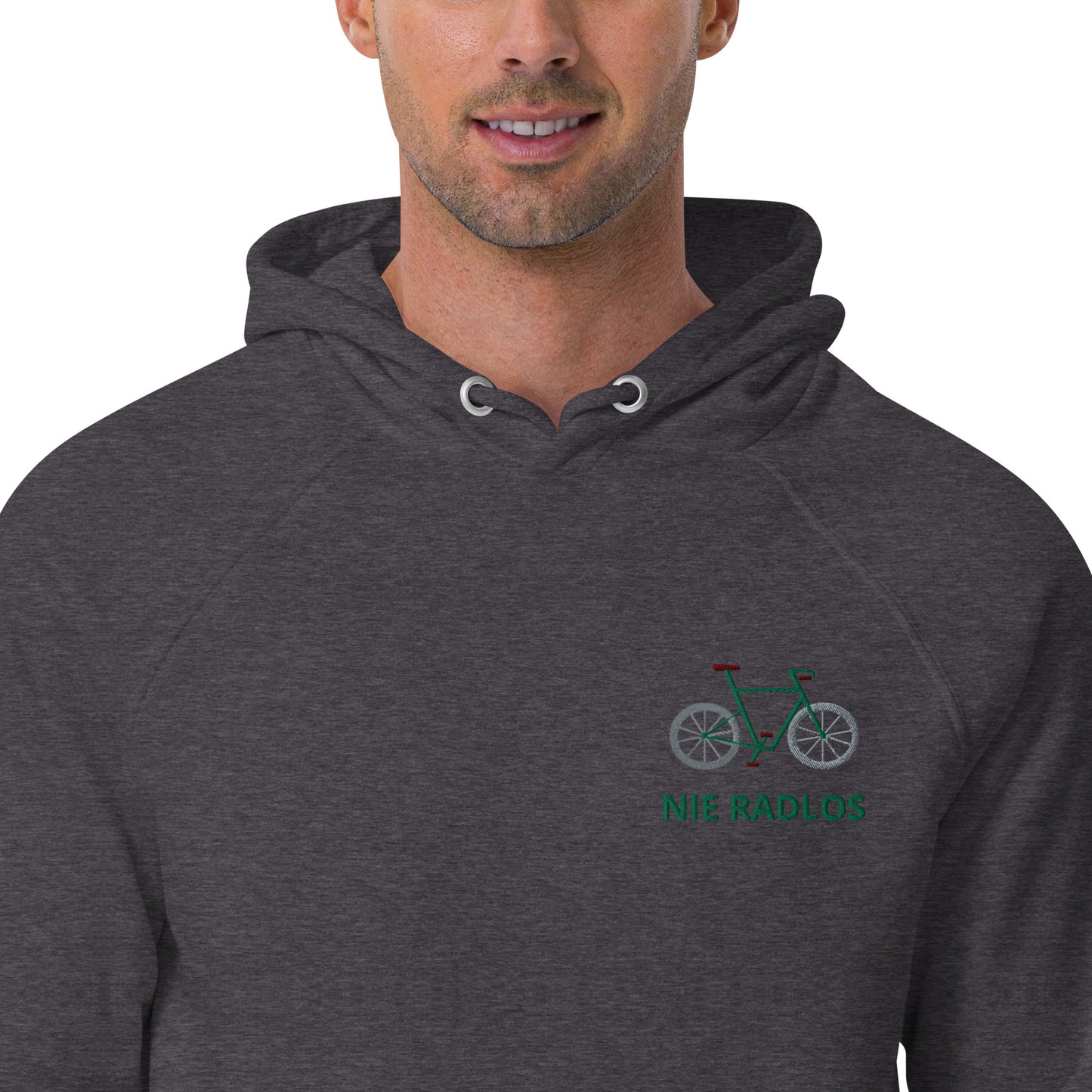 Fahrrad (NIE RADLOS) grün auf Unisex Bio-Raglan-Hoodie gestickt