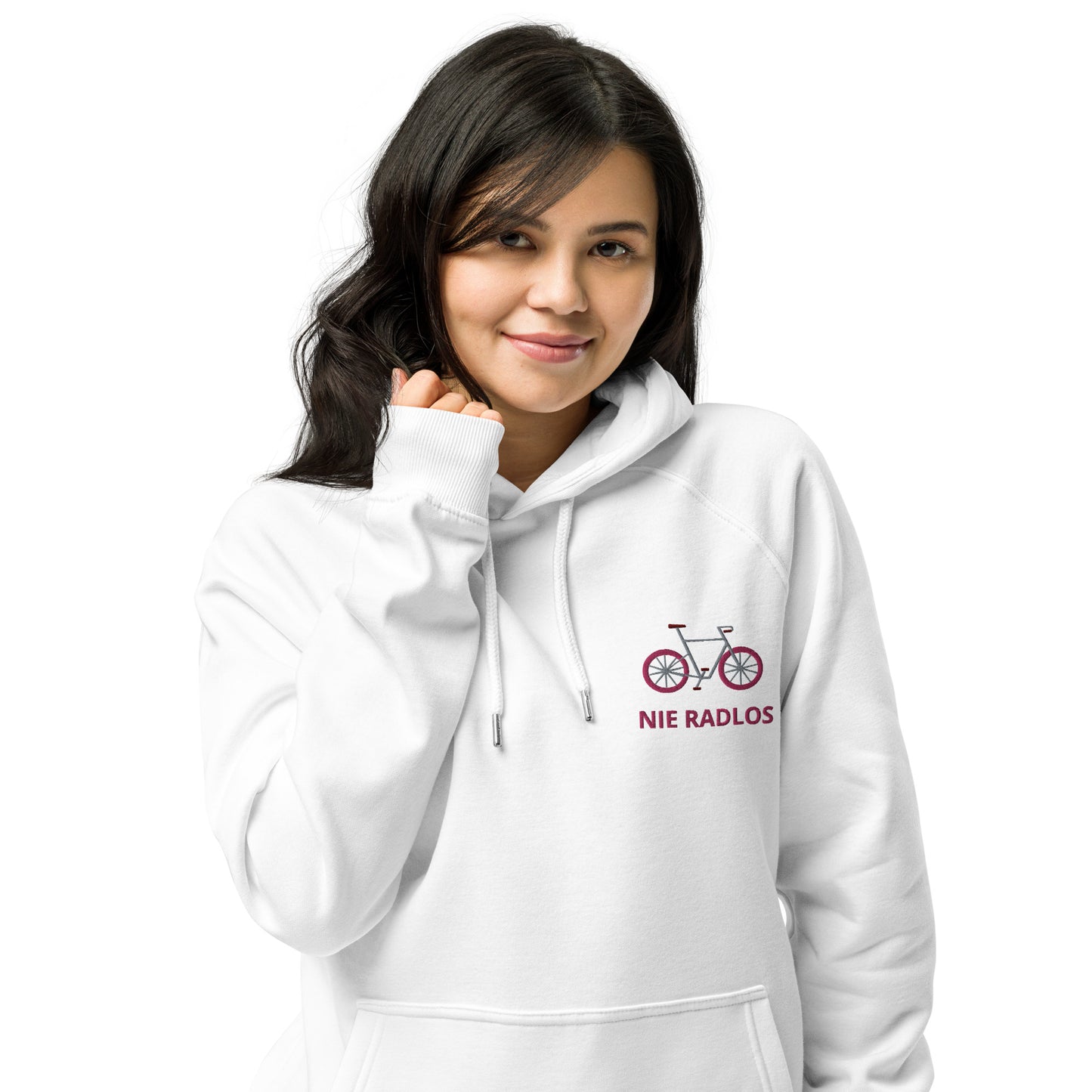 Fahrrad (NIE RADLOS) pink auf Unisex Bio-Raglan-Hoodie gestickt