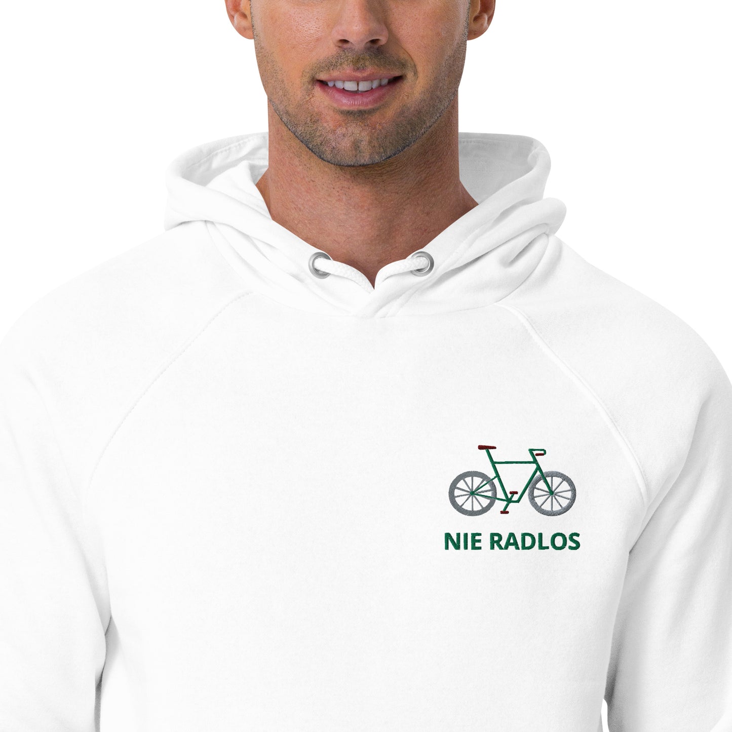 Fahrrad (NIE RADLOS) grün auf Unisex Bio-Raglan-Hoodie gestickt