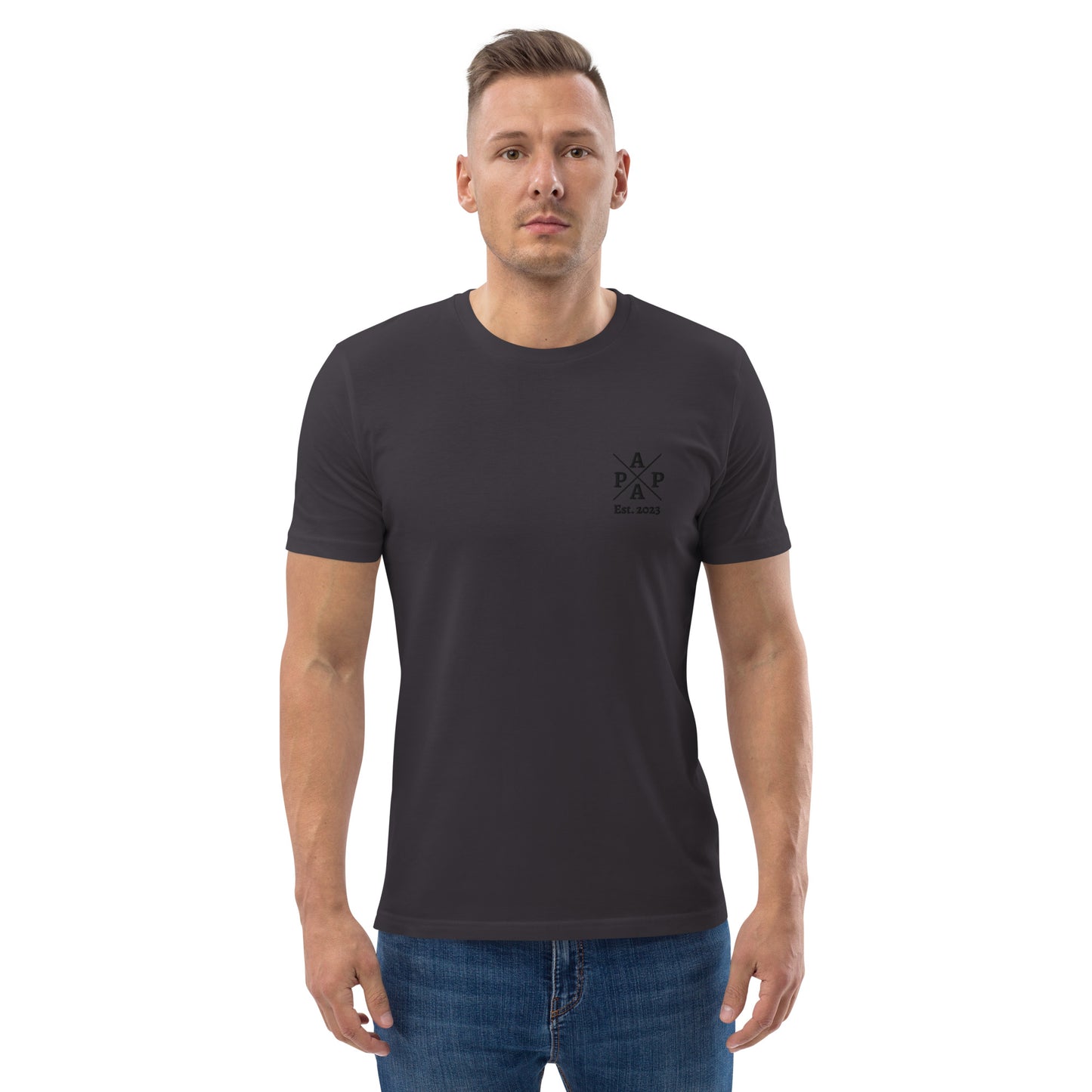 Papa auf Unisex-Bio-Baumwoll-T-Shirt gestickt Personalisierbar