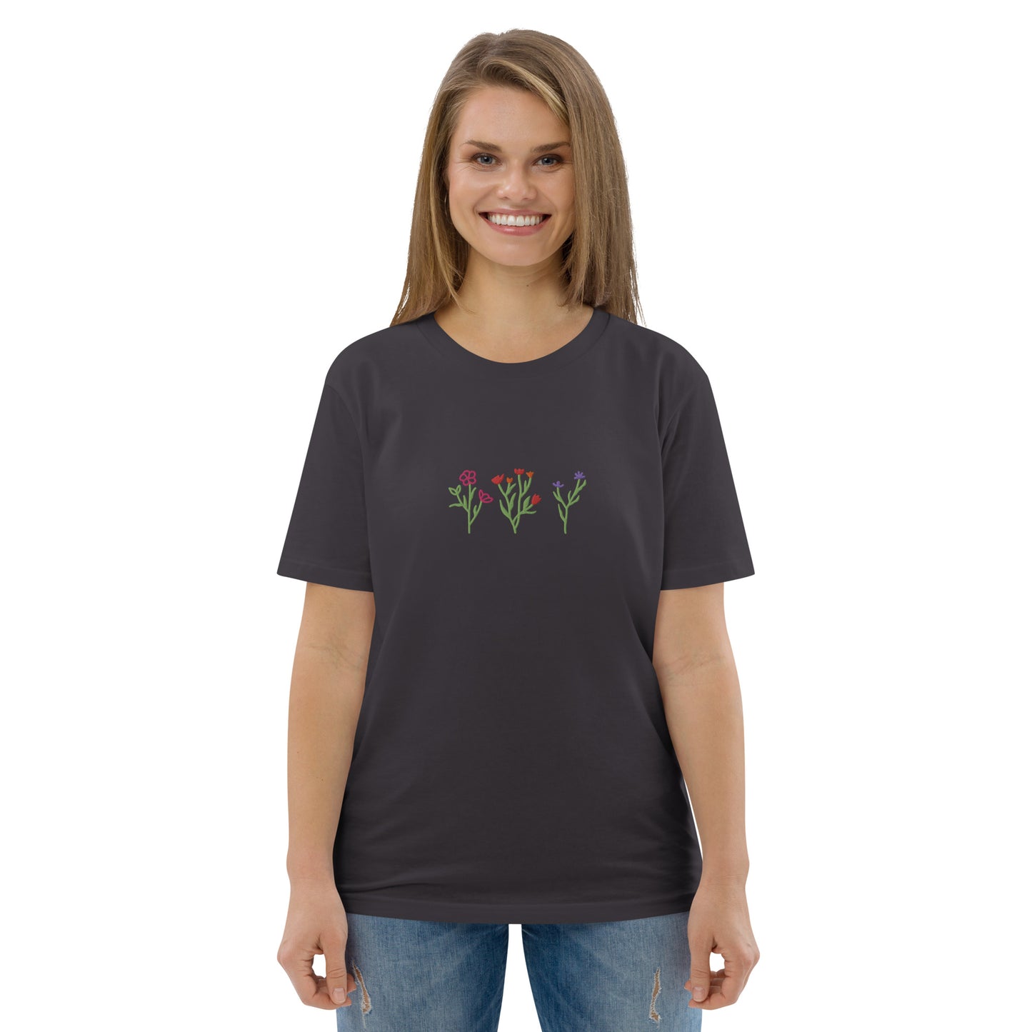 Wildblumen auf Unisex-Bio-Baumwoll-T-Shirt gestickt