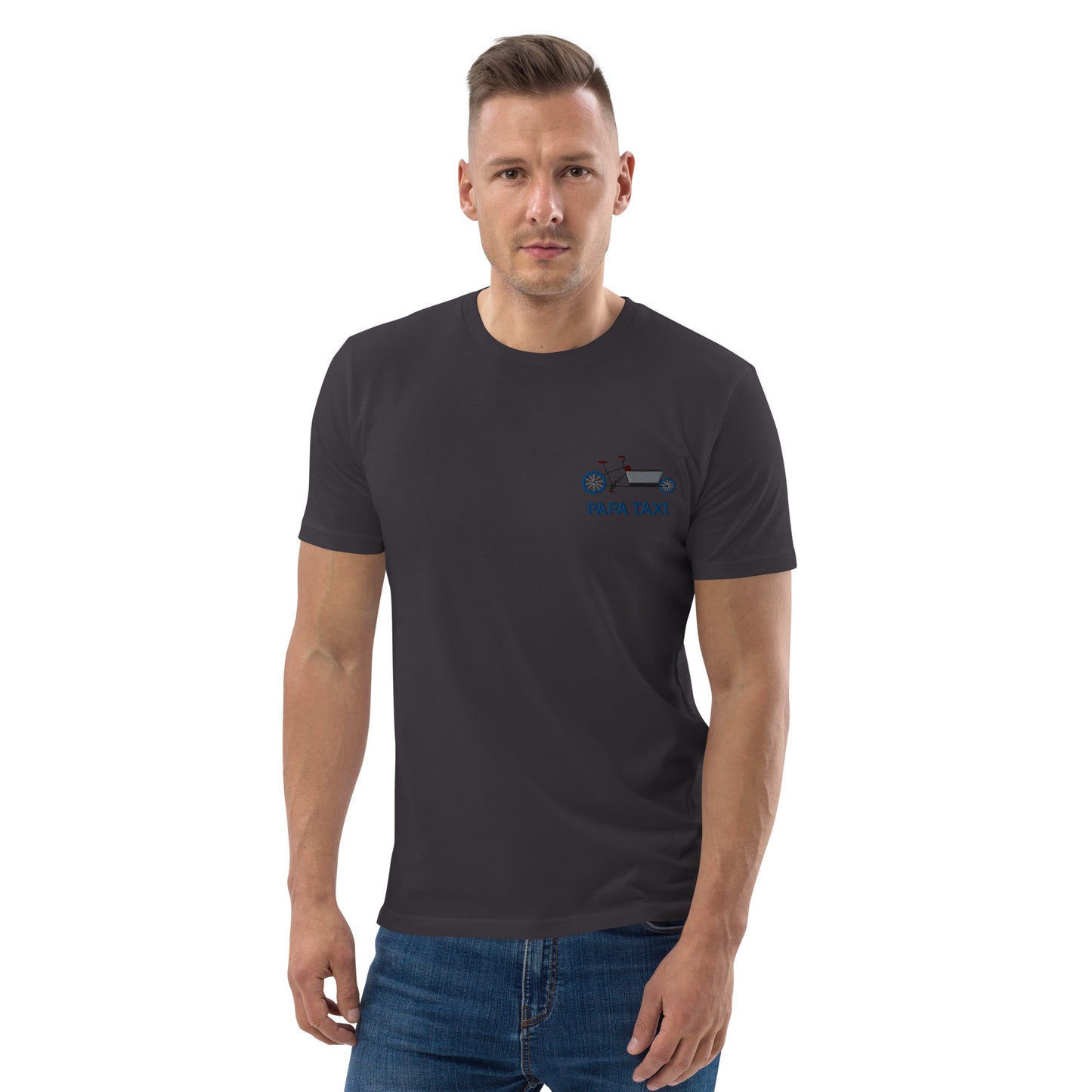 Lastenrad blaue Reifen auf Unisex-Bio-Baumwoll-T-Shirt gestickt Personalisierbar