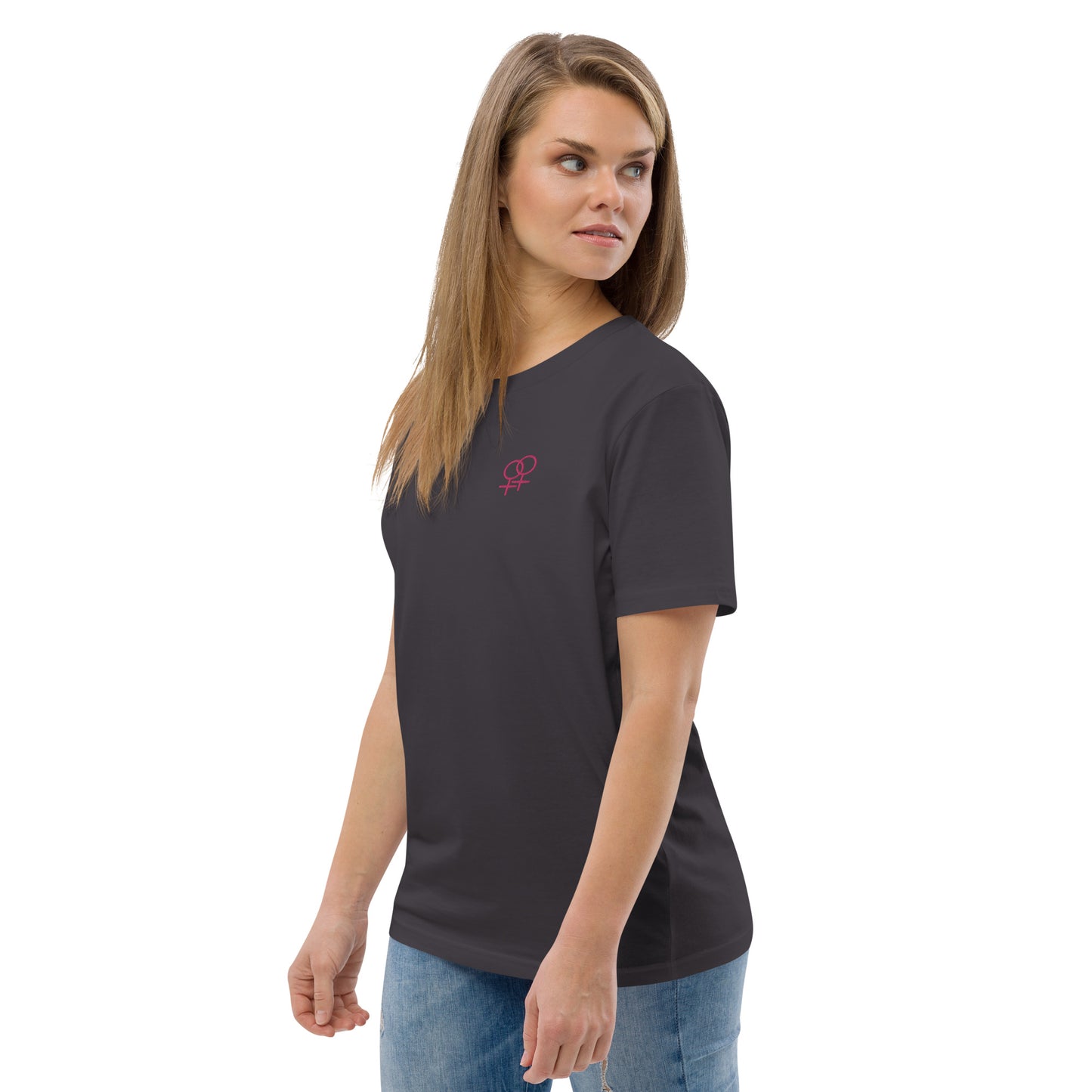 Frau liebt Frau pink auf Unisex-Bio-Baumwoll-T-Shirt gestickt