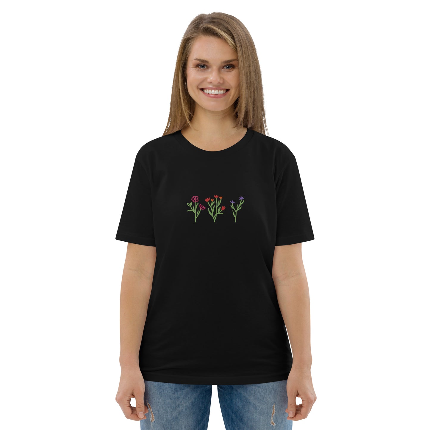 Wildblumen auf Unisex-Bio-Baumwoll-T-Shirt gestickt