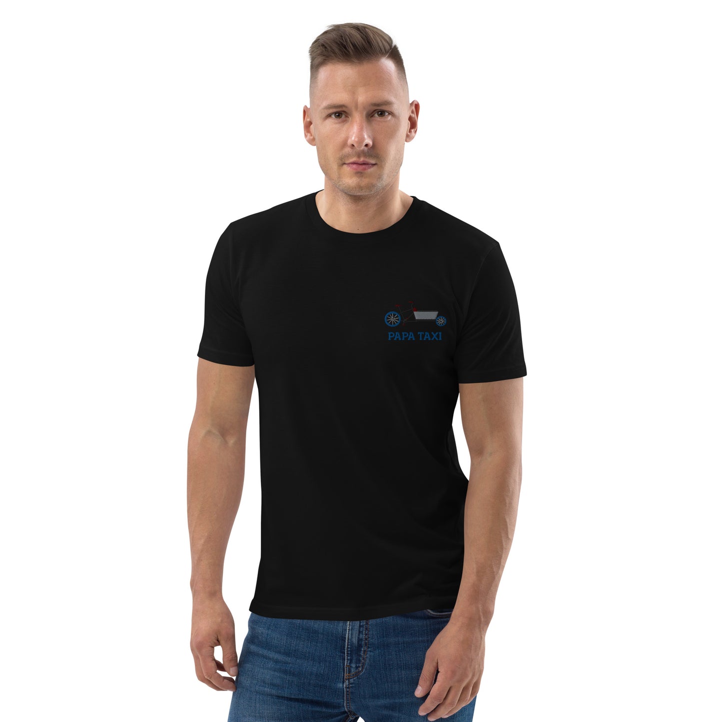 Lastenrad blaue Reifen auf Unisex-Bio-Baumwoll-T-Shirt gestickt Personalisierbar