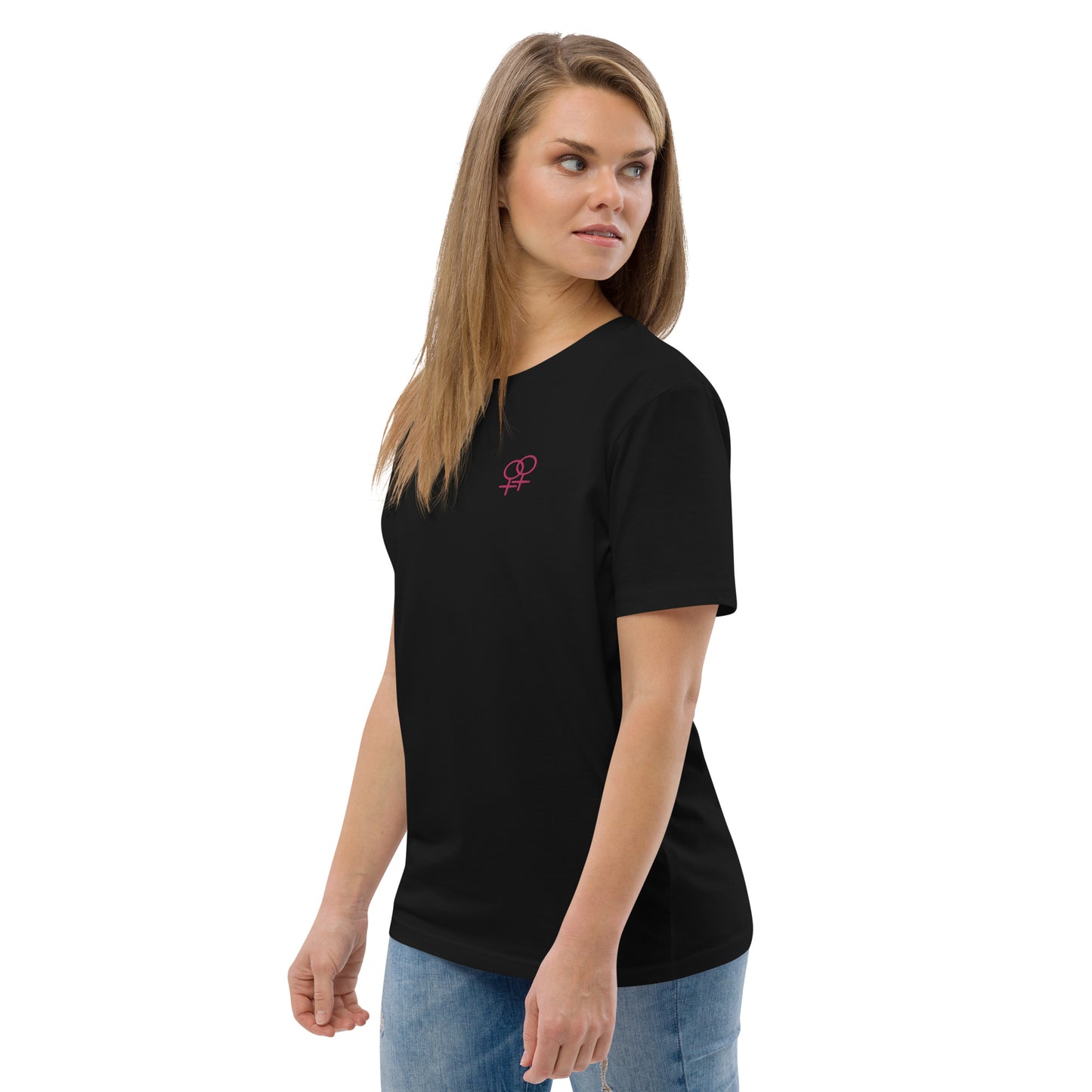 Frau liebt Frau pink auf Unisex-Bio-Baumwoll-T-Shirt gestickt