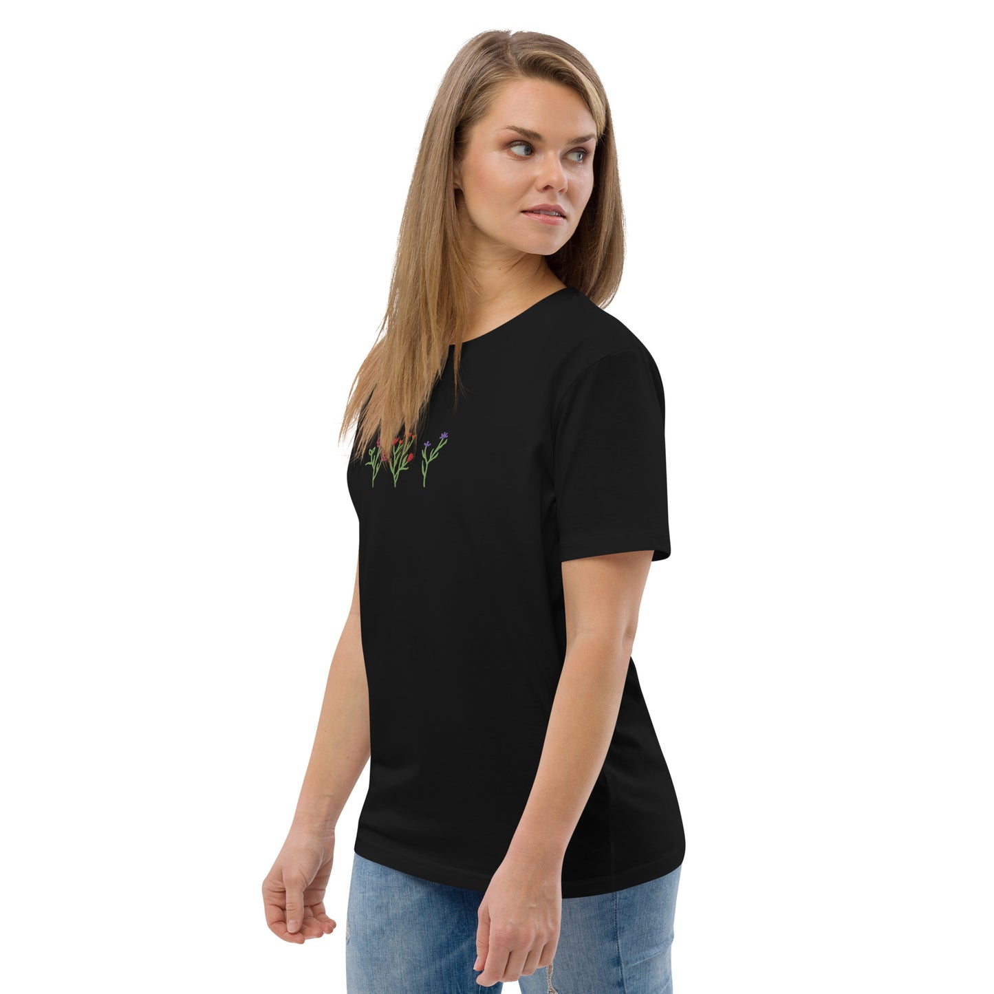 Wildblumen auf Unisex-Bio-Baumwoll-T-Shirt gestickt