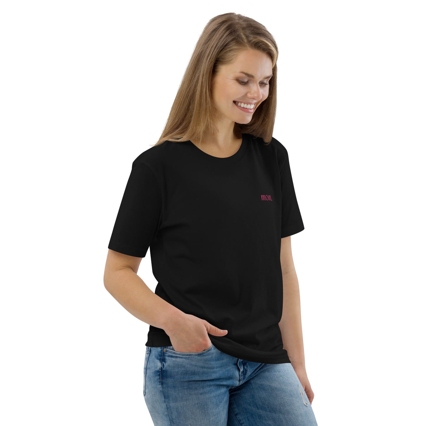 Moin auf Unisex-Bio-Baumwoll-T-Shirt gestickt