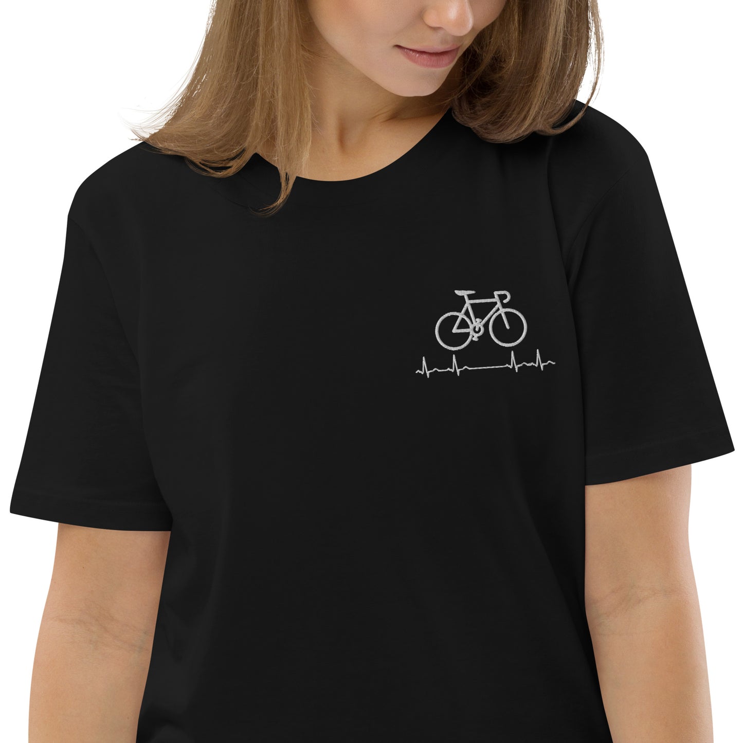 Fahrradliebe Herzschlag auf Unisex-Bio-Baumwoll-T-Shirt gestickt