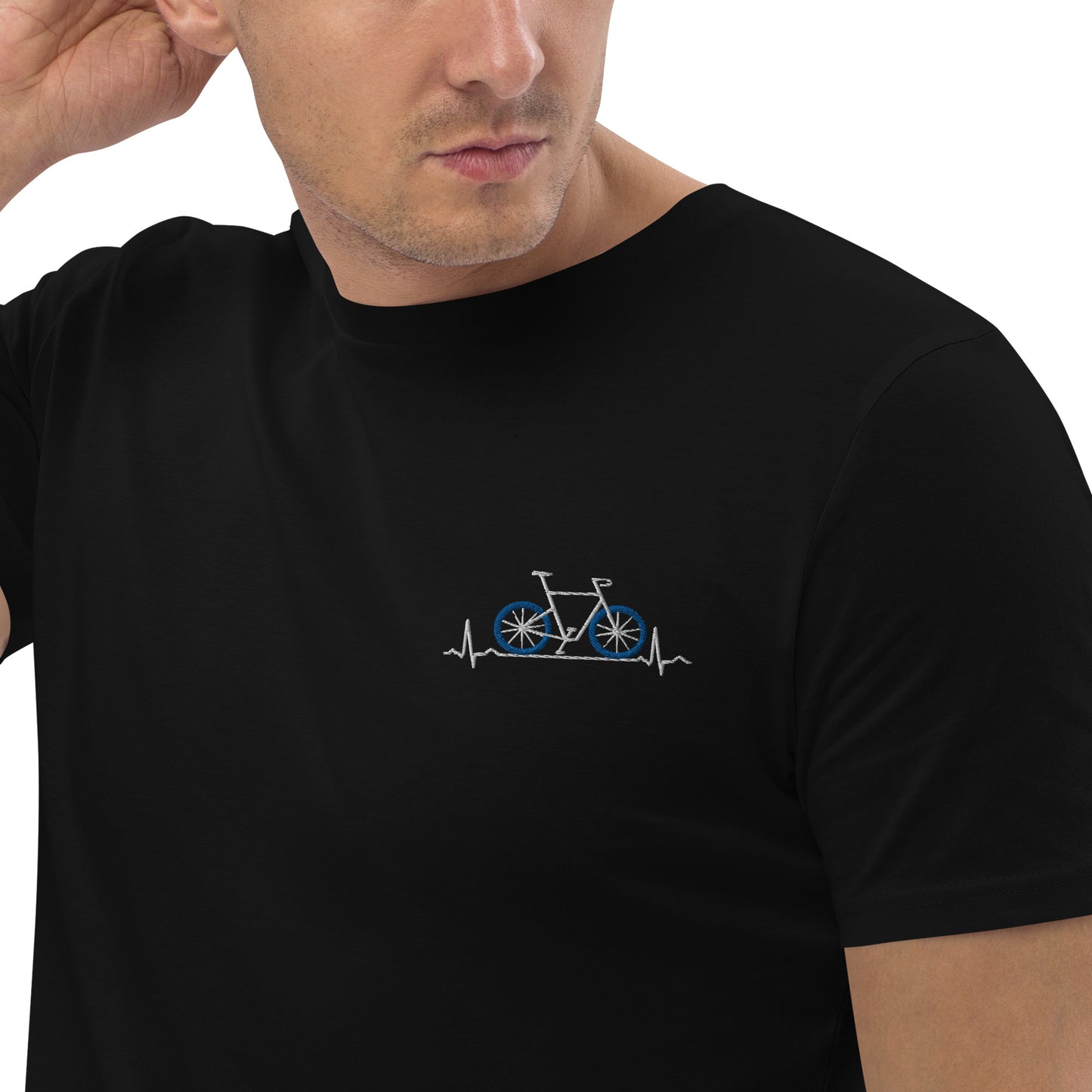 Fahrradliebe blaue Reifen auf Unisex-Bio-Baumwoll-T-Shirt gestickt