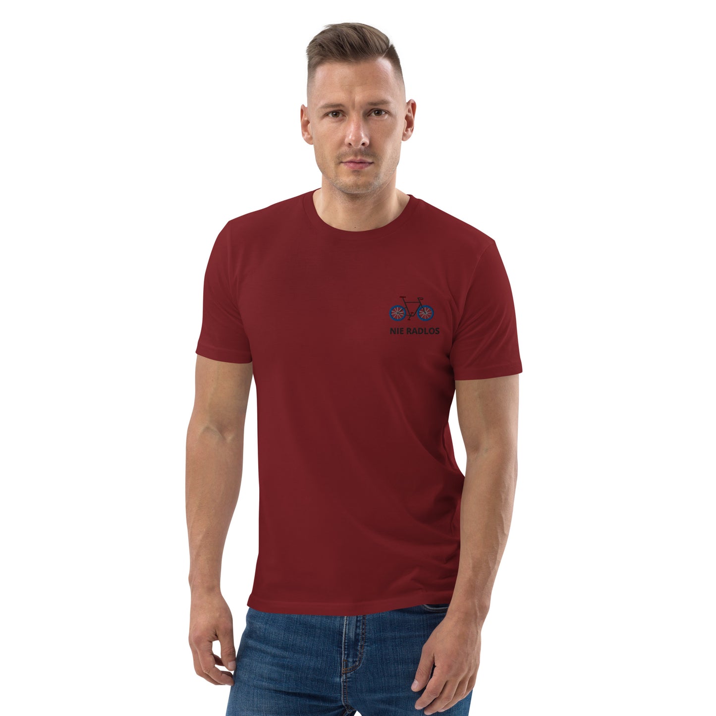 Fahrrad (NIE RADLOS) auf Unisex-Bio-Baumwoll-T-Shirt gestickt