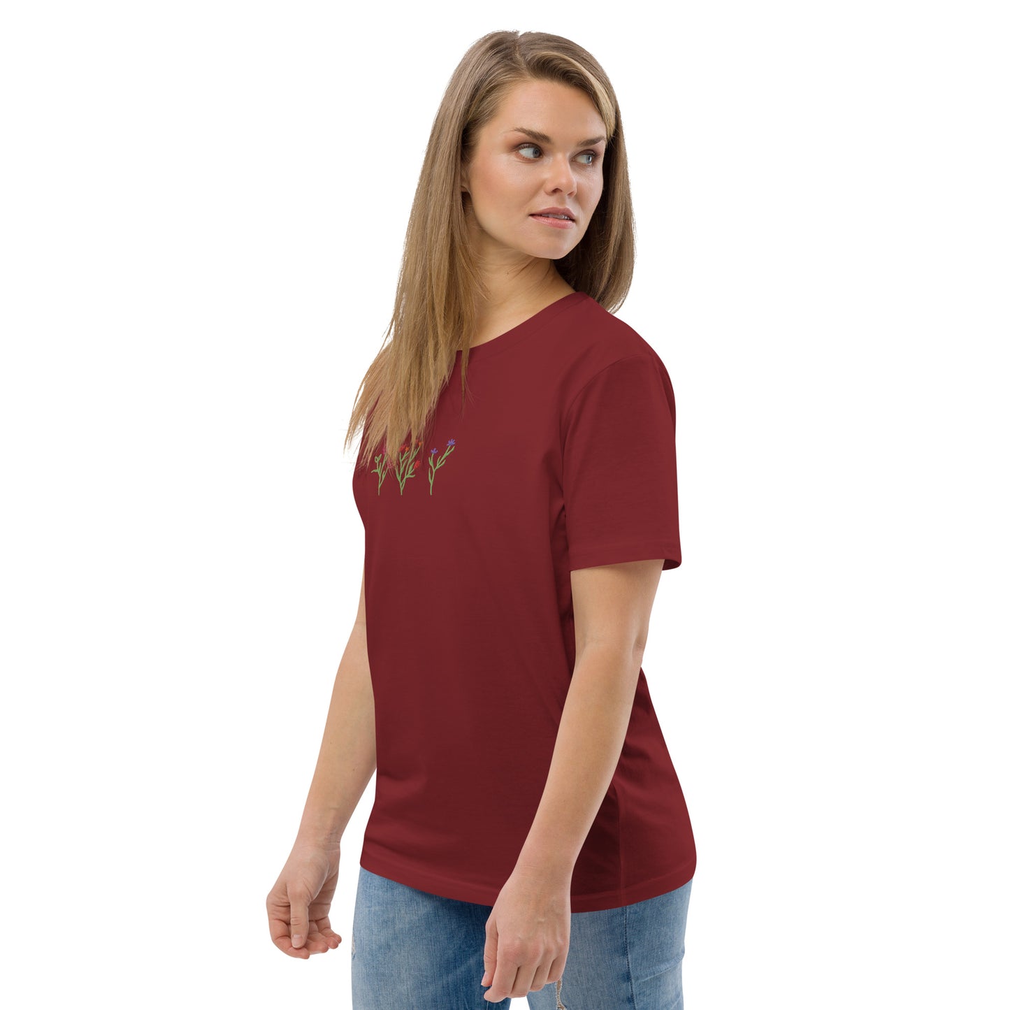 Wildblumen auf Unisex-Bio-Baumwoll-T-Shirt gestickt