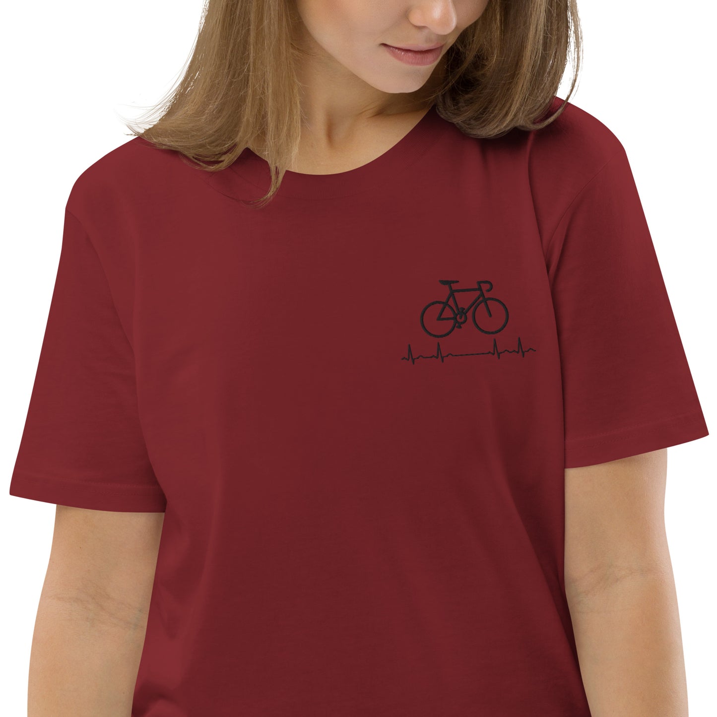 Fahrradliebe Herzschlag schwarz auf Unisex-Bio-Baumwoll-T-Shirt gestickt