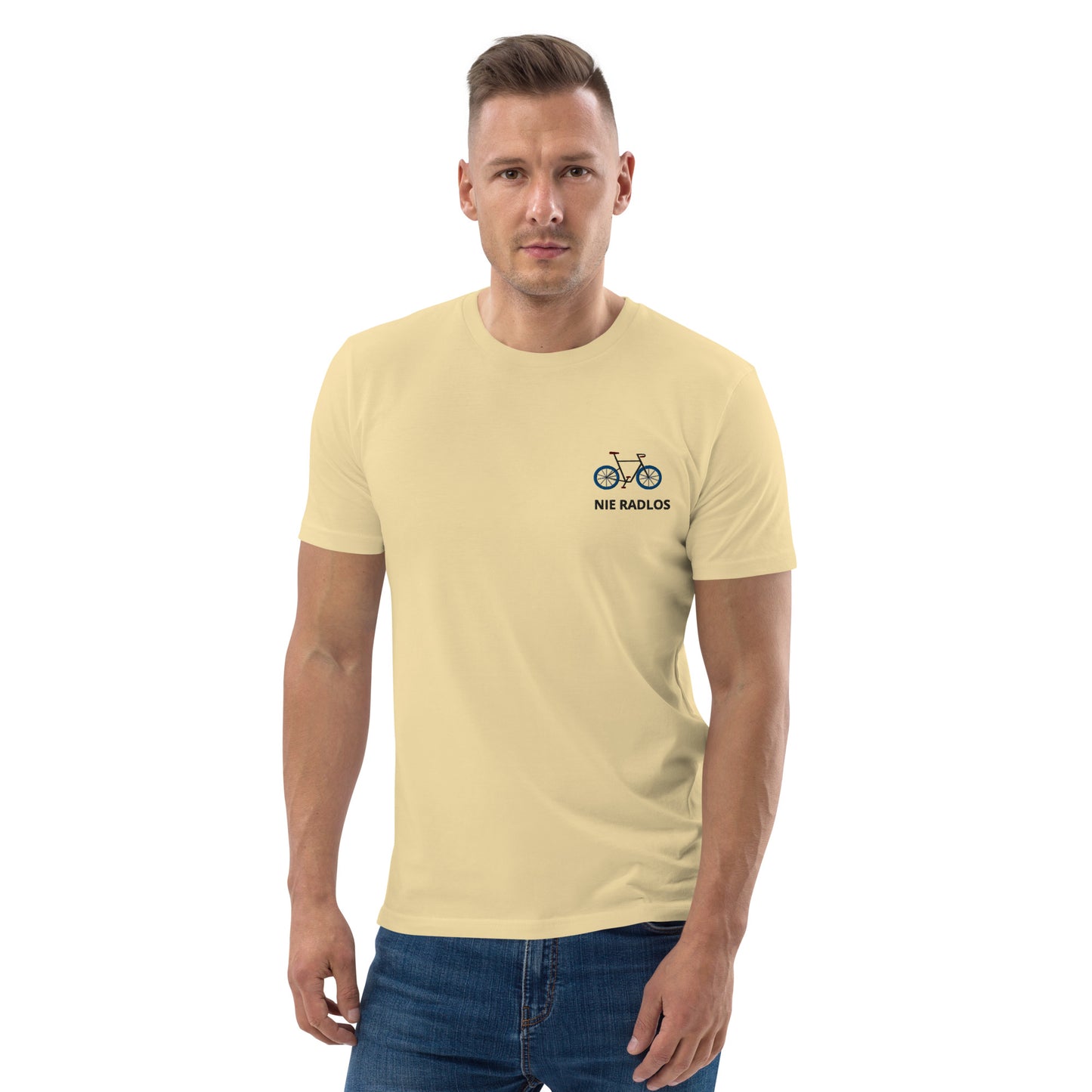 Fahrrad (NIE RADLOS) auf Unisex-Bio-Baumwoll-T-Shirt gestickt