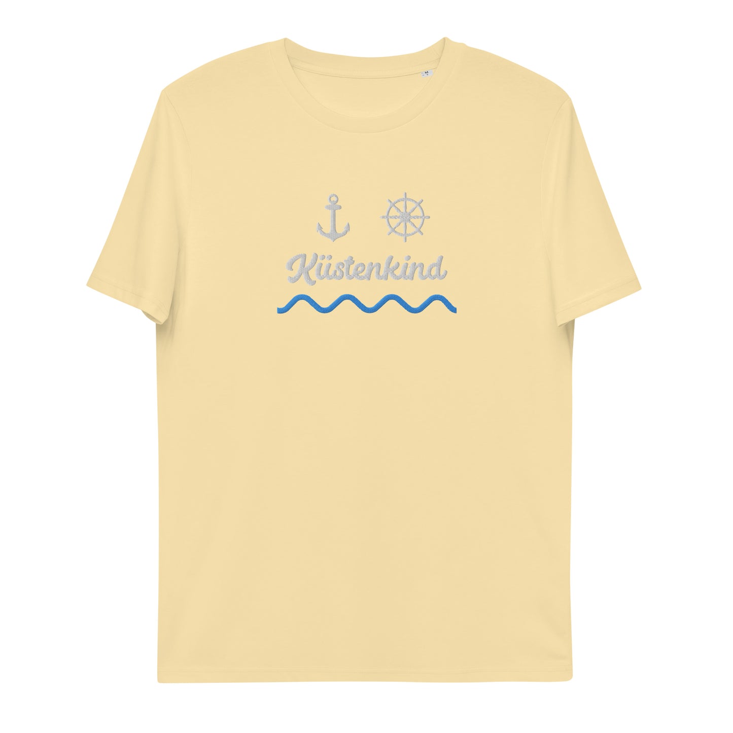 Küstenkind Motiv (Anker und Steuerrad) auf Unisex-Bio-Baumwoll-T-Shirt gestickt