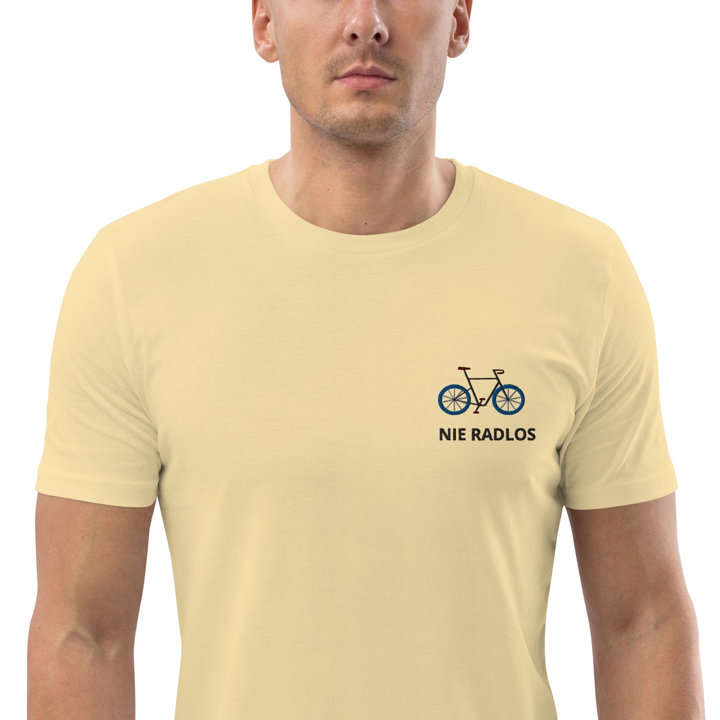 Fahrrad (NIE RADLOS) auf Unisex-Bio-Baumwoll-T-Shirt gestickt