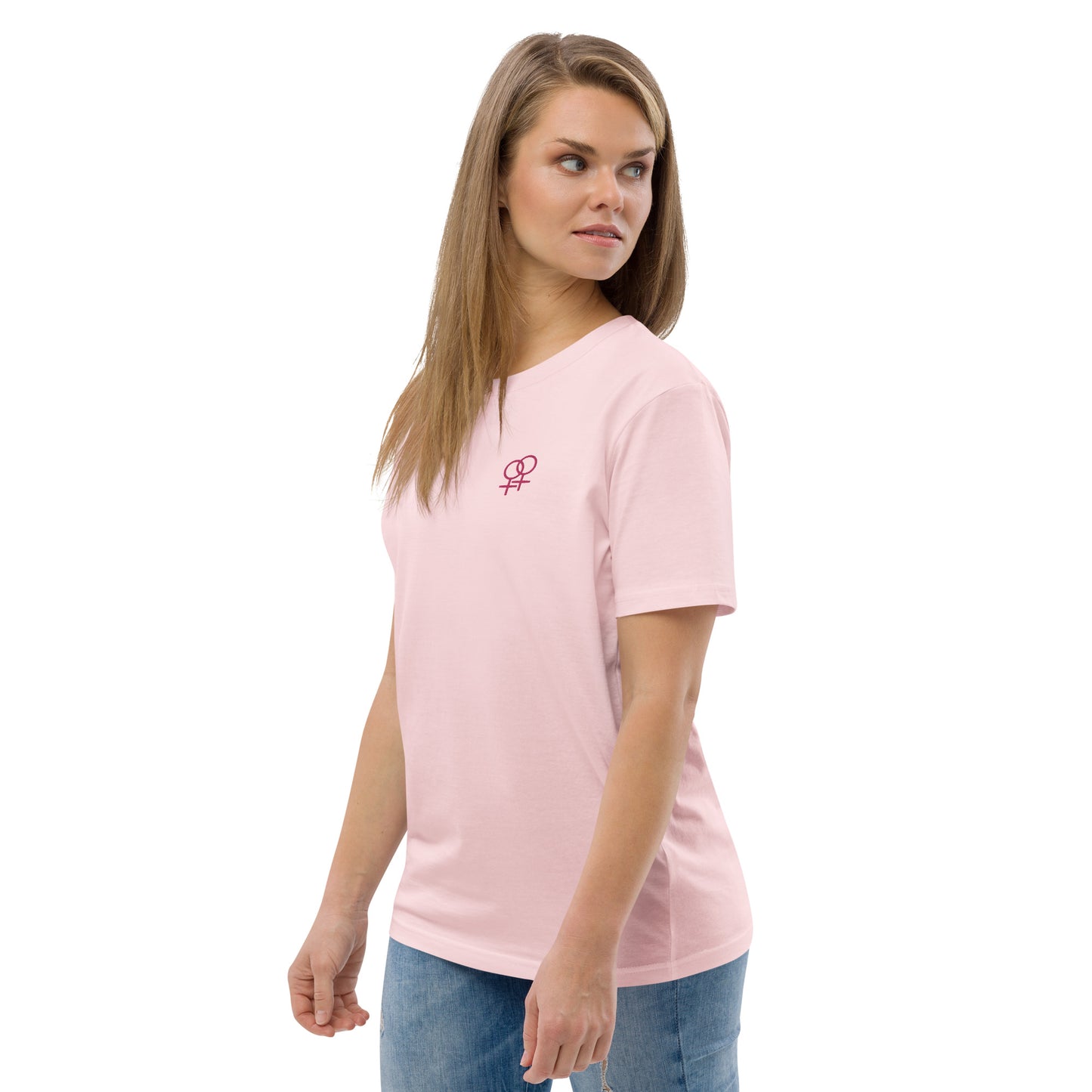 Frau liebt Frau pink auf Unisex-Bio-Baumwoll-T-Shirt gestickt