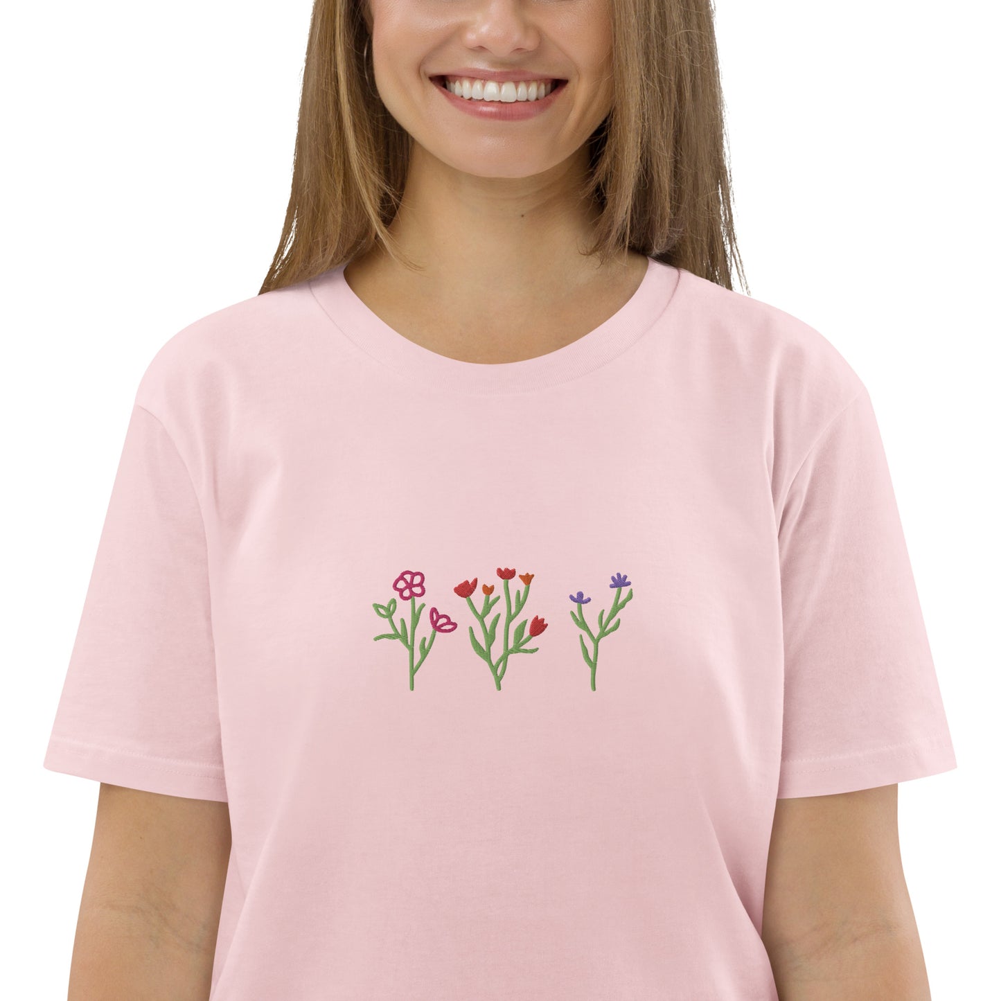 Wildblumen auf Unisex-Bio-Baumwoll-T-Shirt gestickt