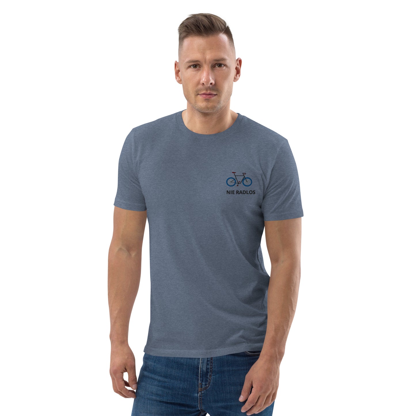 Fahrrad (NIE RADLOS) auf Unisex-Bio-Baumwoll-T-Shirt gestickt