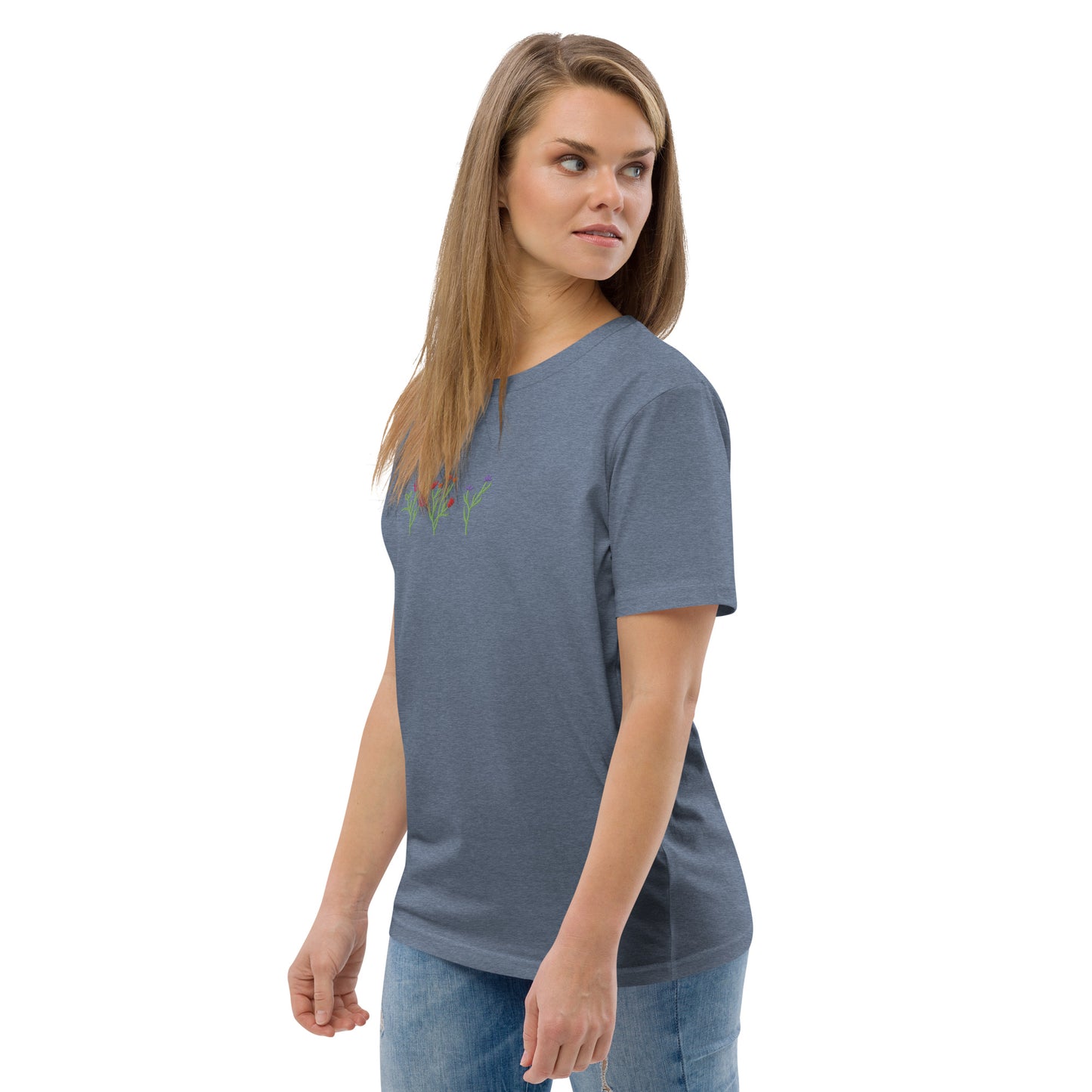 Wildblumen auf Unisex-Bio-Baumwoll-T-Shirt gestickt