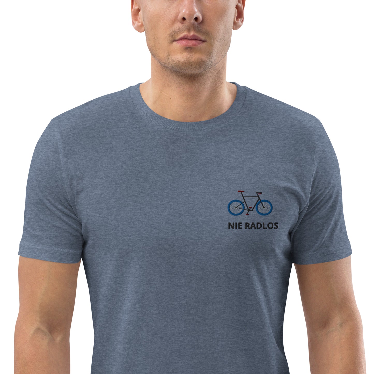 Fahrrad (NIE RADLOS) auf Unisex-Bio-Baumwoll-T-Shirt gestickt