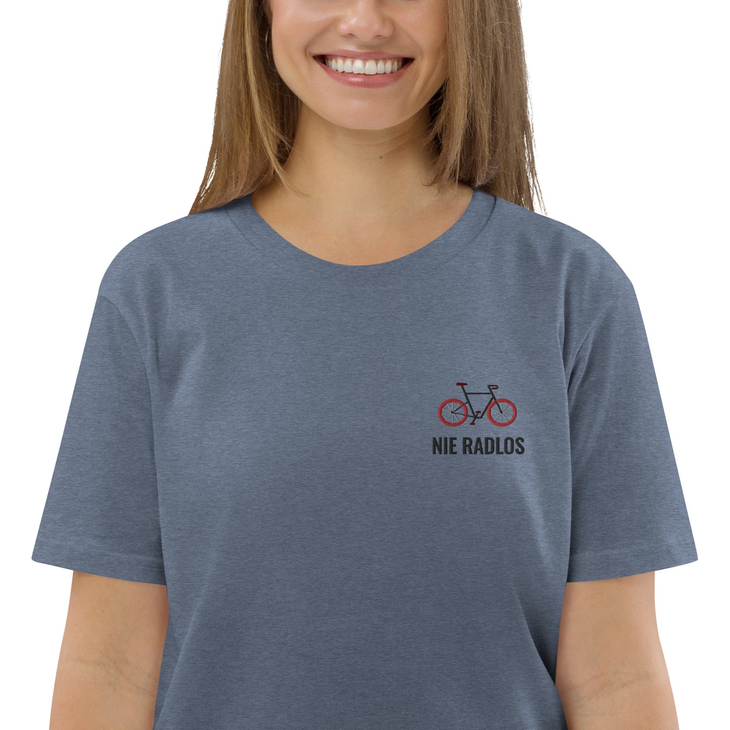 Fahrrad (NIE RADLOS) auf Unisex-Bio-Baumwoll-T-Shirt gestickt