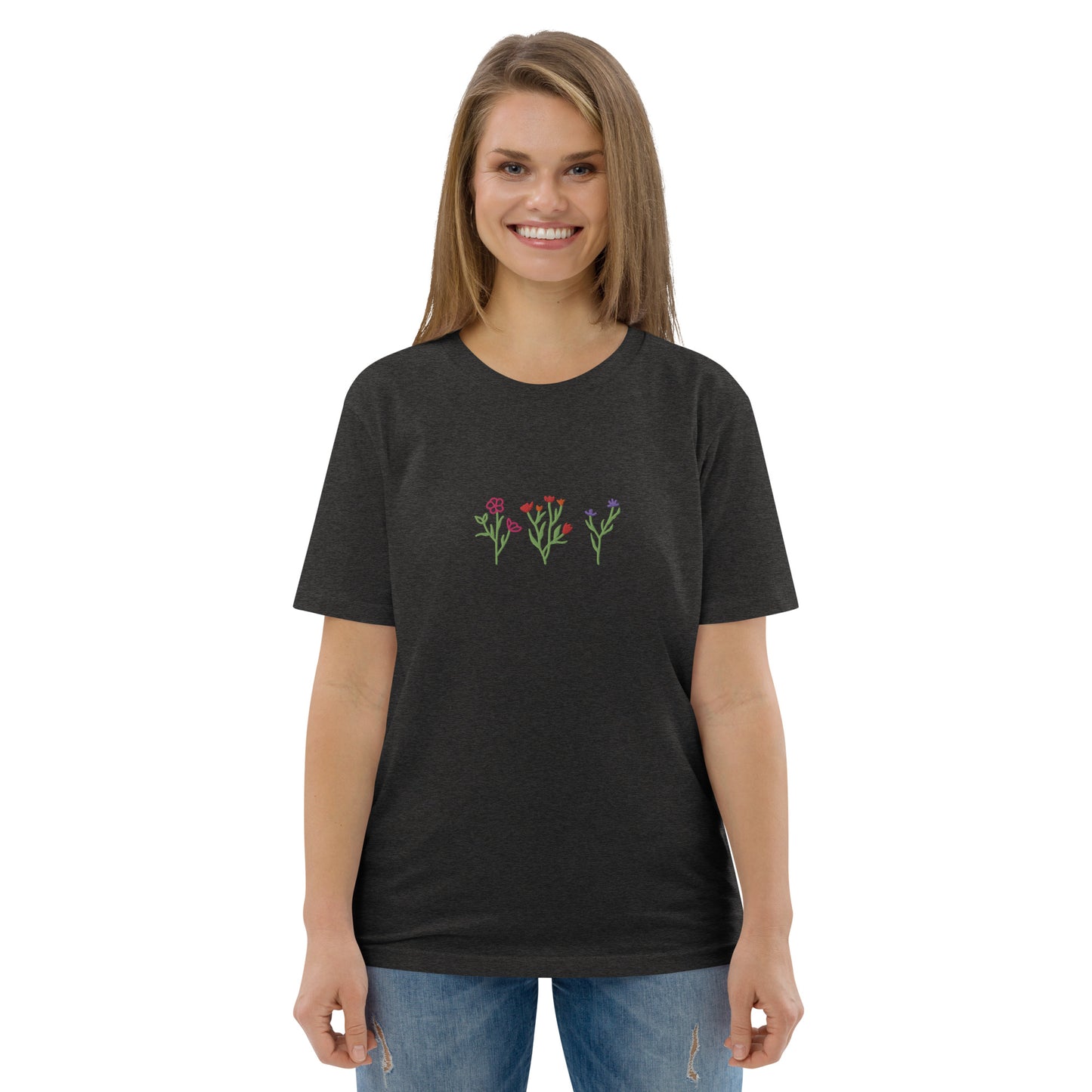 Wildblumen auf Unisex-Bio-Baumwoll-T-Shirt gestickt