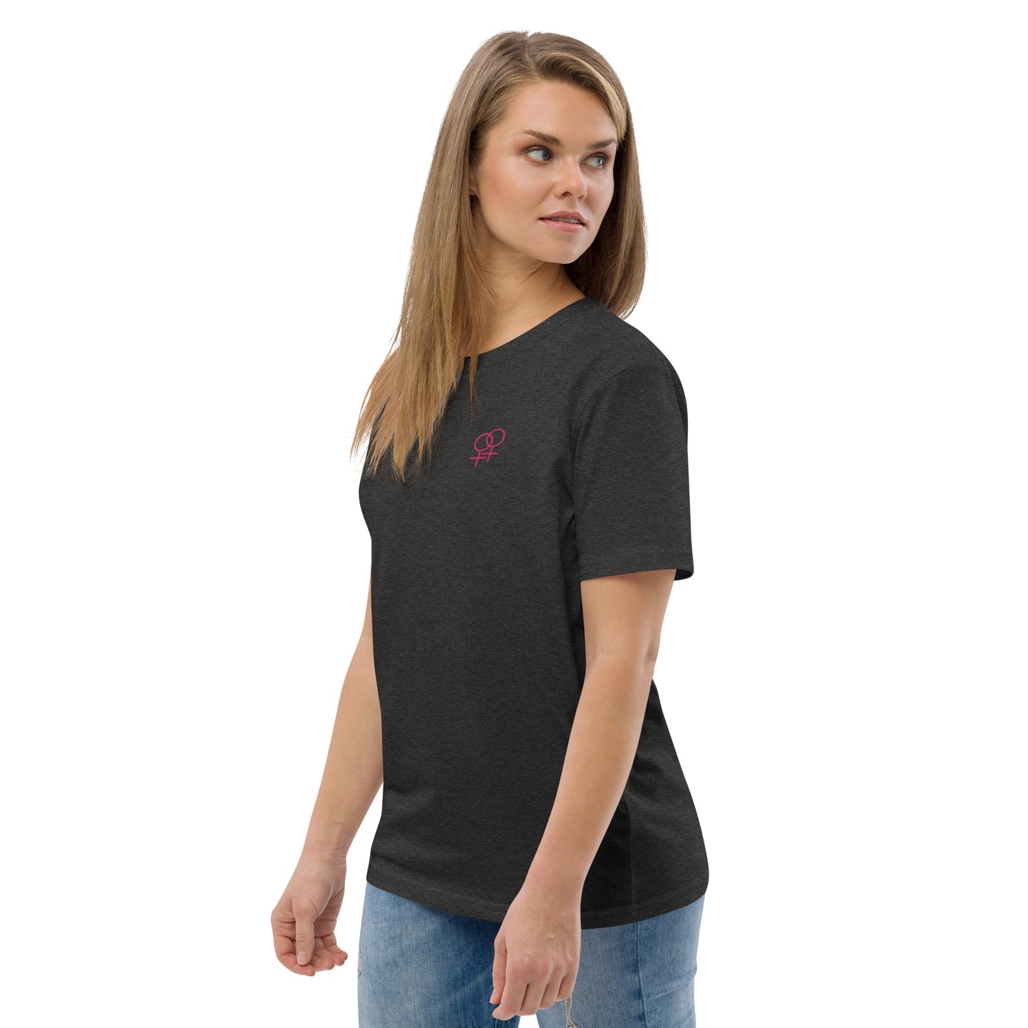 Frau liebt Frau pink auf Unisex-Bio-Baumwoll-T-Shirt gestickt