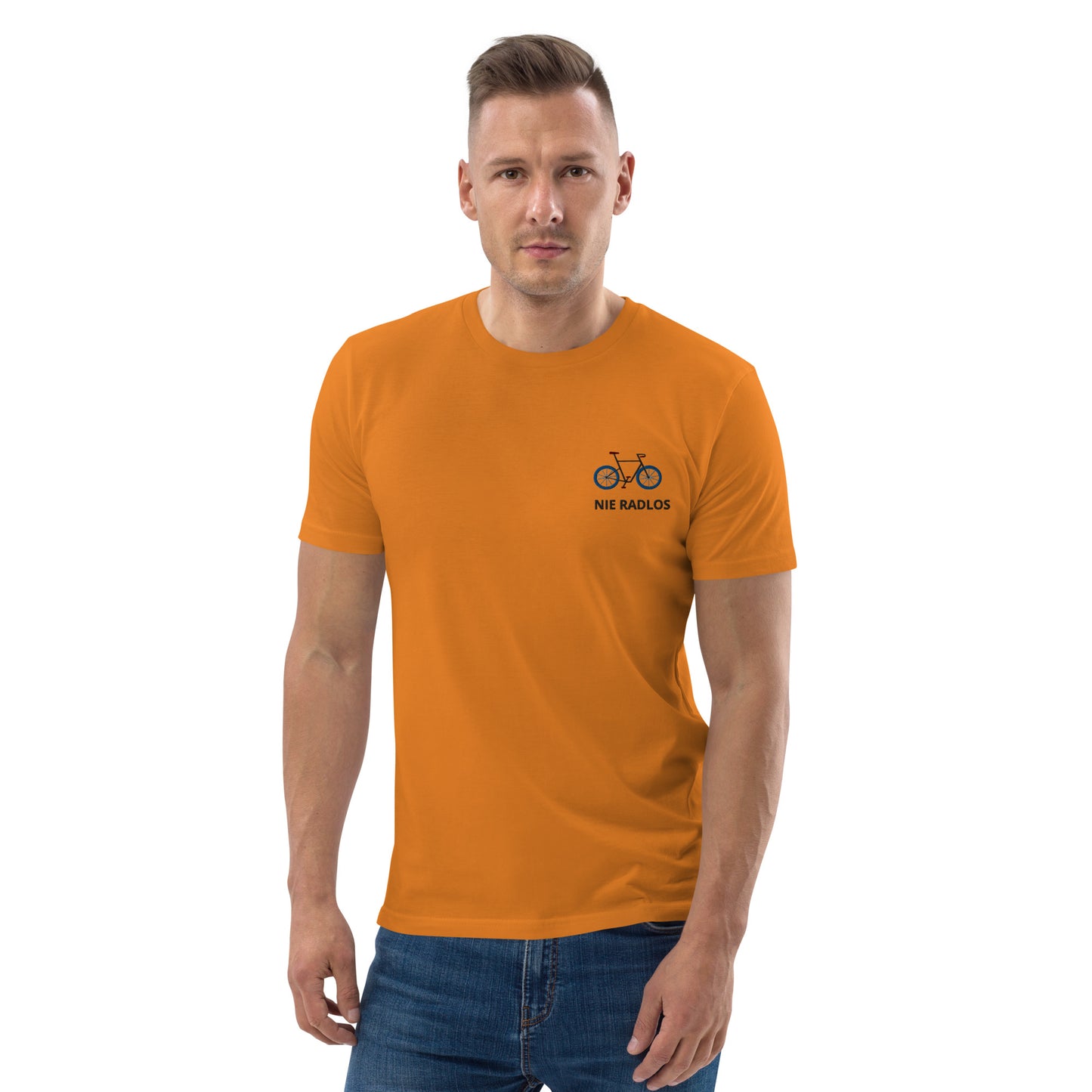 Fahrrad (NIE RADLOS) auf Unisex-Bio-Baumwoll-T-Shirt gestickt