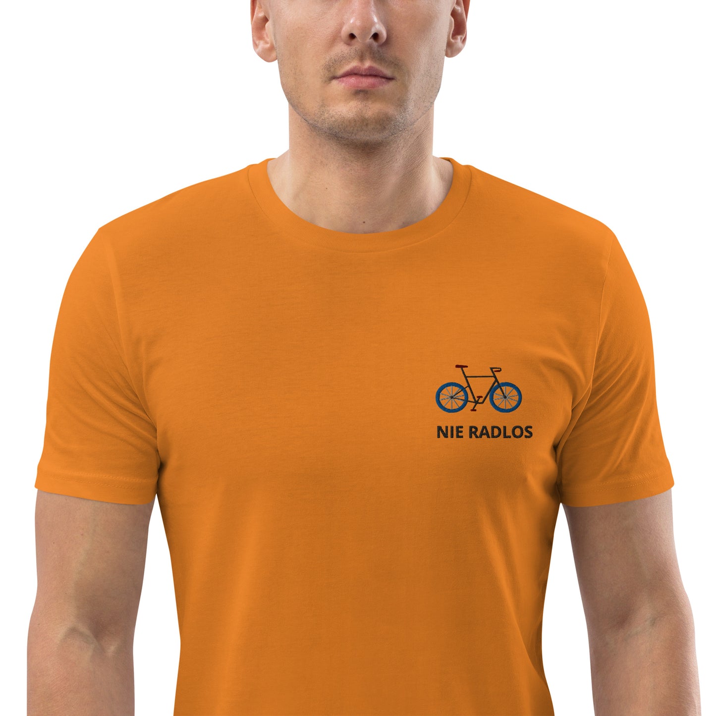 Fahrrad (NIE RADLOS) auf Unisex-Bio-Baumwoll-T-Shirt gestickt