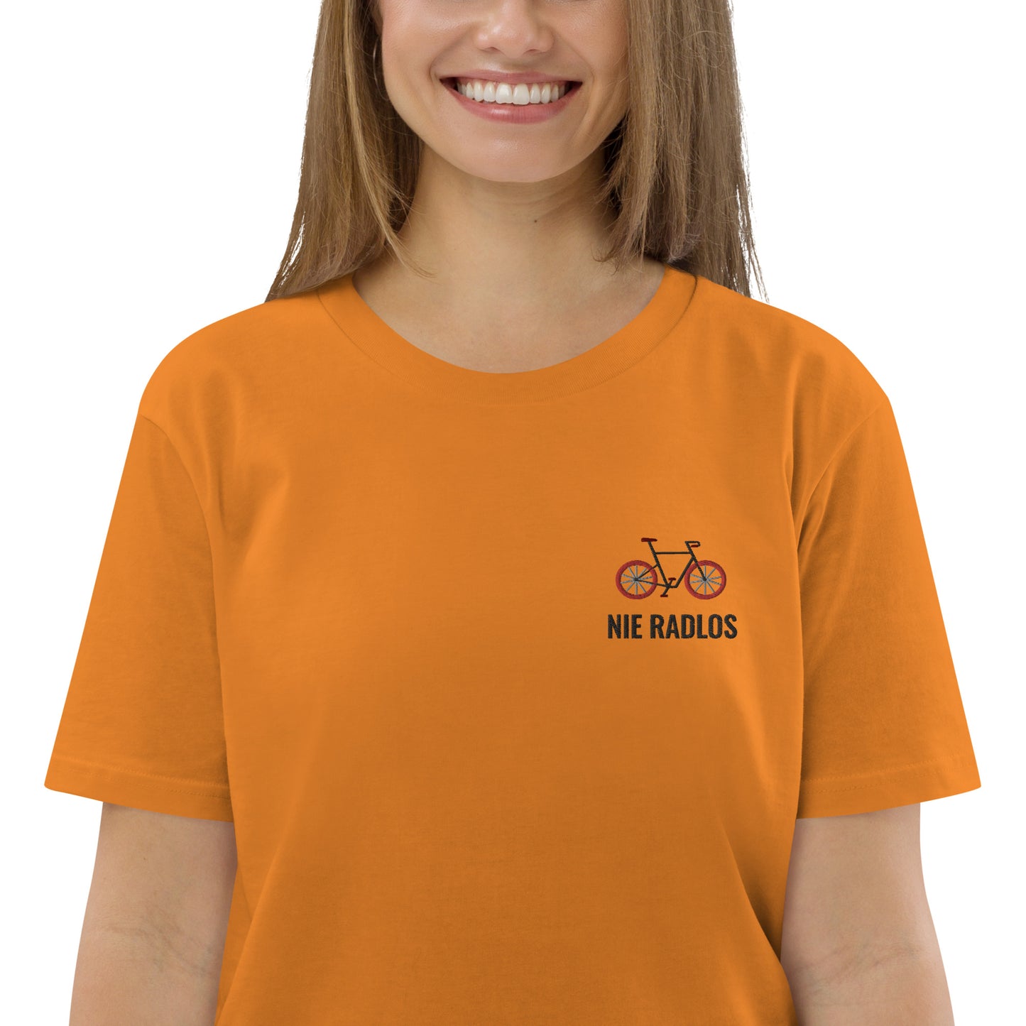 Fahrrad (NIE RADLOS) auf Unisex-Bio-Baumwoll-T-Shirt gestickt