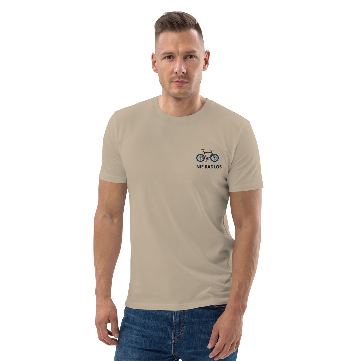 Fahrrad (NIE RADLOS) auf Unisex-Bio-Baumwoll-T-Shirt gestickt