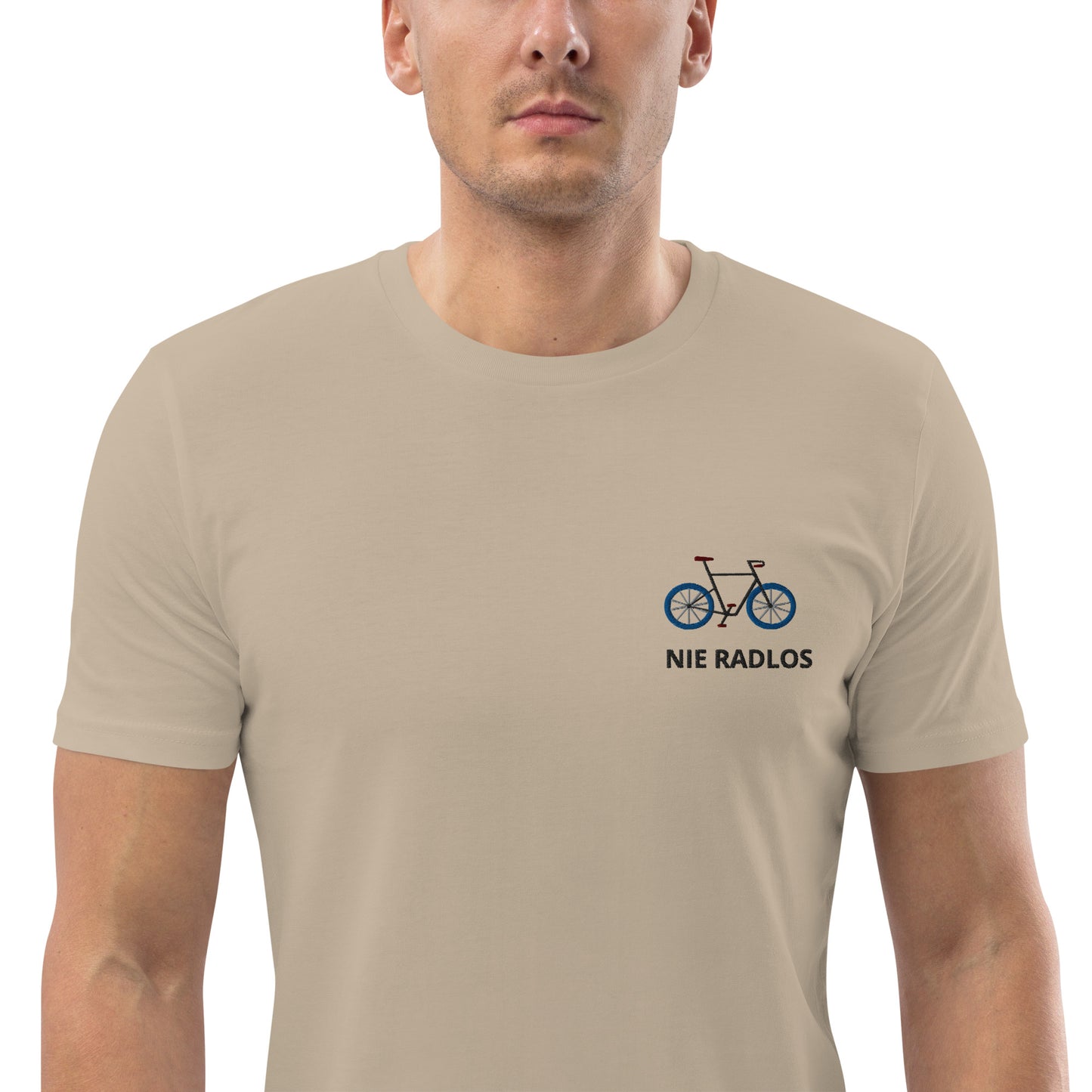 Fahrrad (NIE RADLOS) auf Unisex-Bio-Baumwoll-T-Shirt gestickt