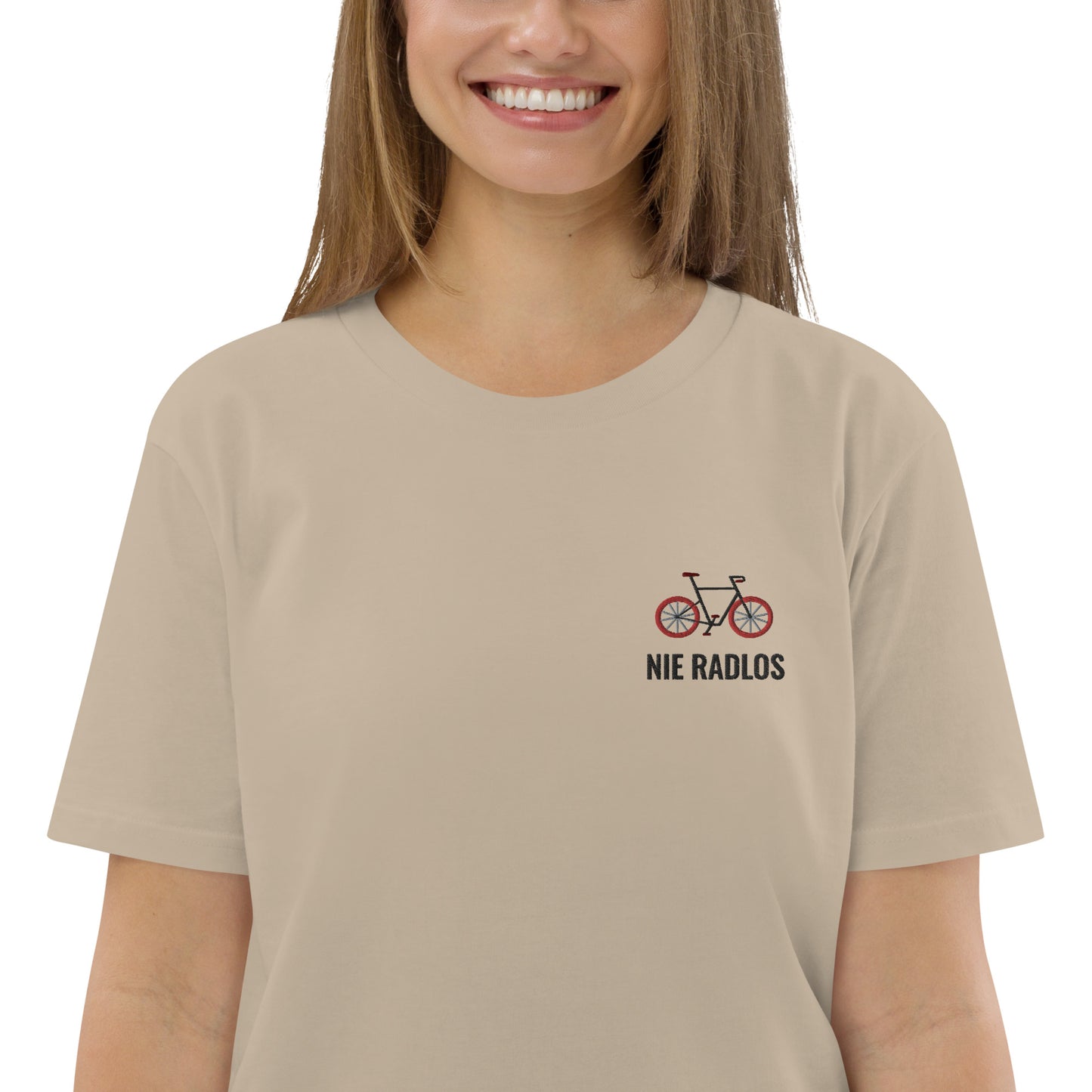 Fahrrad (NIE RADLOS) auf Unisex-Bio-Baumwoll-T-Shirt gestickt