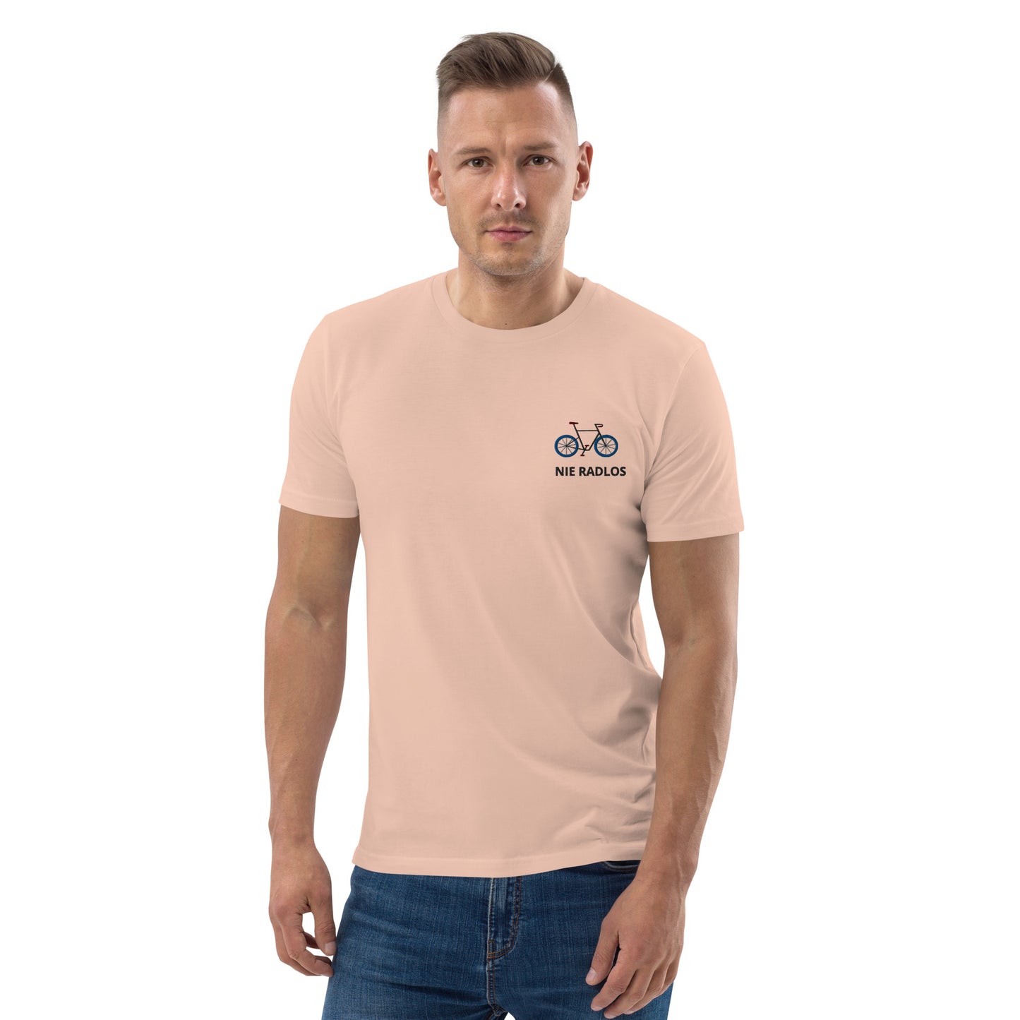 Fahrrad (NIE RADLOS) auf Unisex-Bio-Baumwoll-T-Shirt gestickt