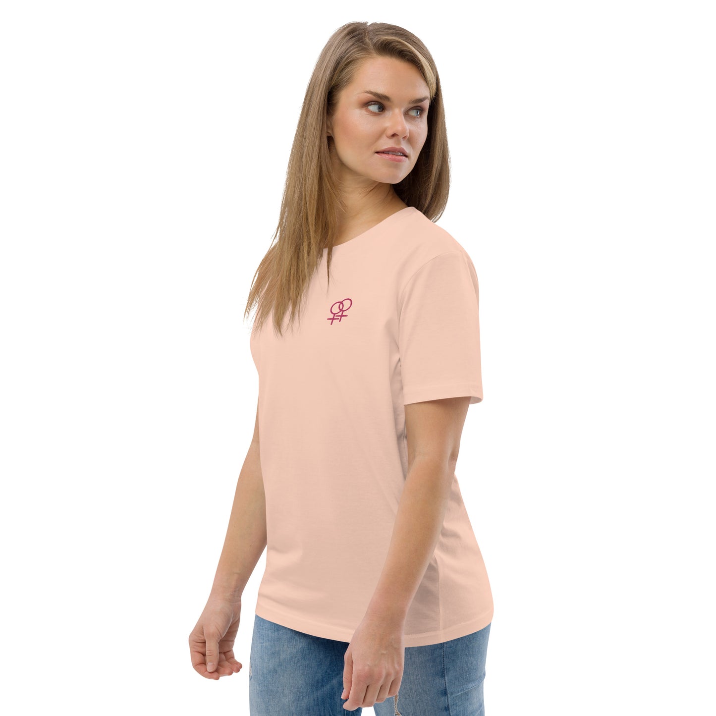 Frau liebt Frau pink auf Unisex-Bio-Baumwoll-T-Shirt gestickt