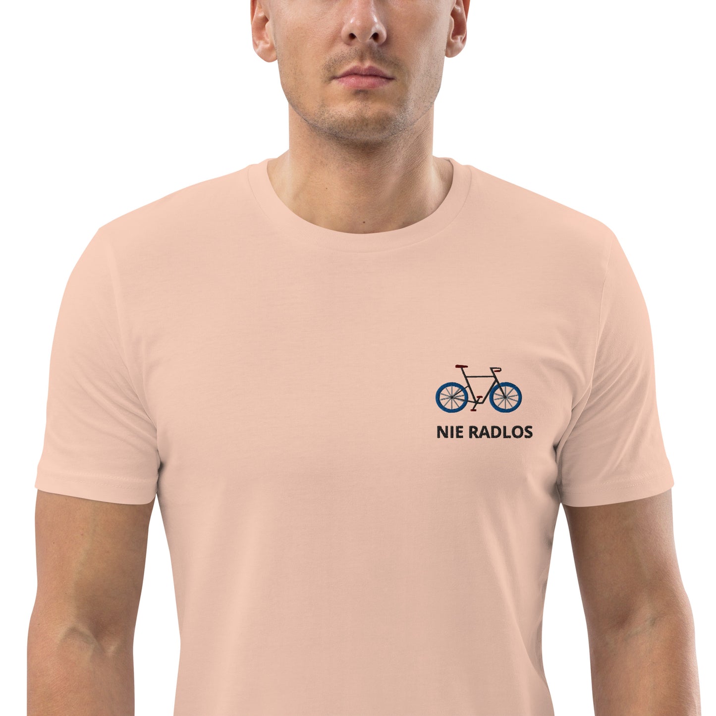 Fahrrad (NIE RADLOS) auf Unisex-Bio-Baumwoll-T-Shirt gestickt