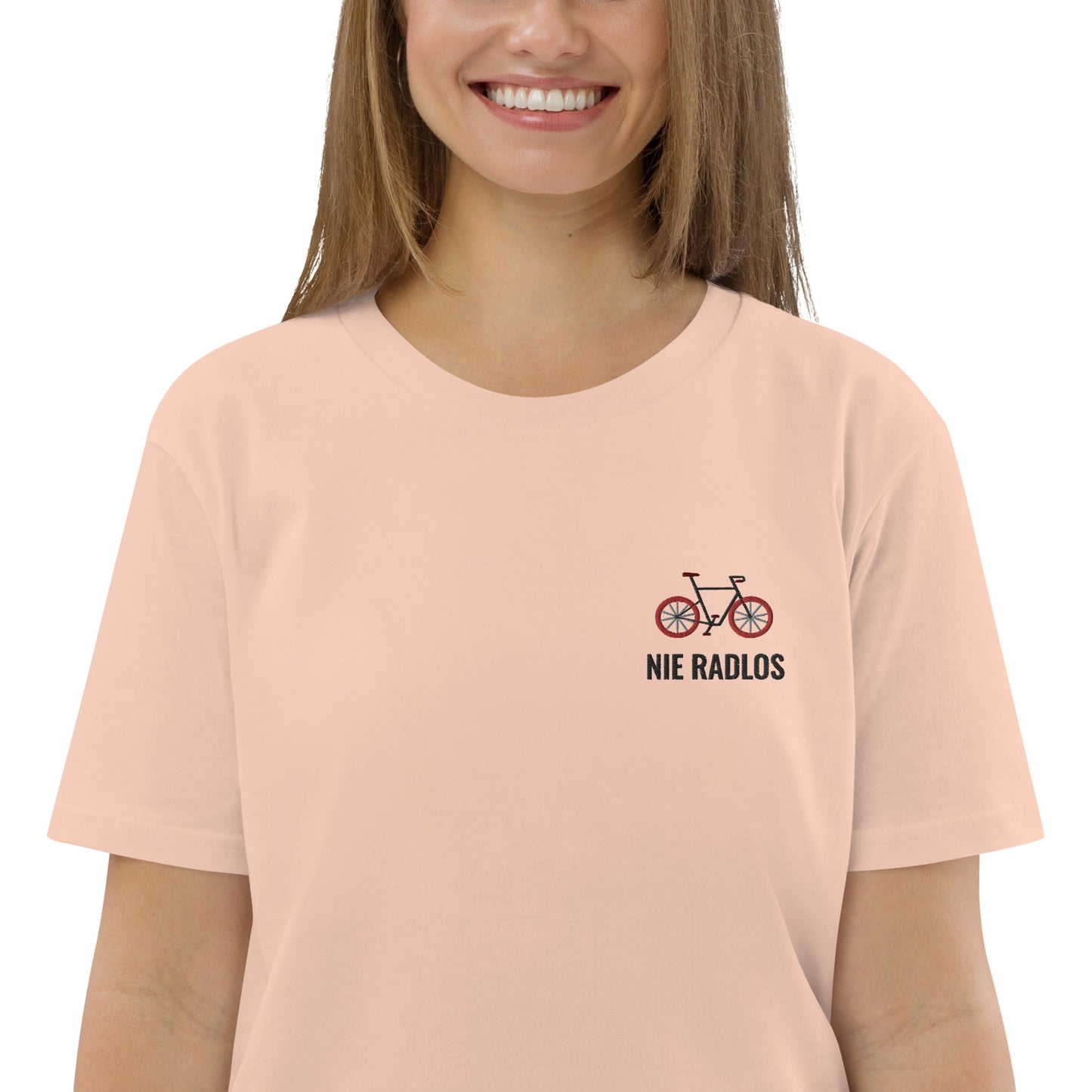 Fahrrad (NIE RADLOS) auf Unisex-Bio-Baumwoll-T-Shirt gestickt