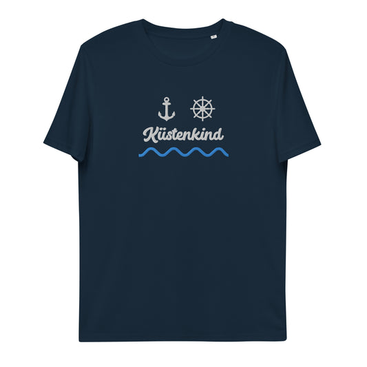 Küstenkind Motiv (Anker und Steuerrad) auf Unisex-Bio-Baumwoll-T-Shirt gestickt