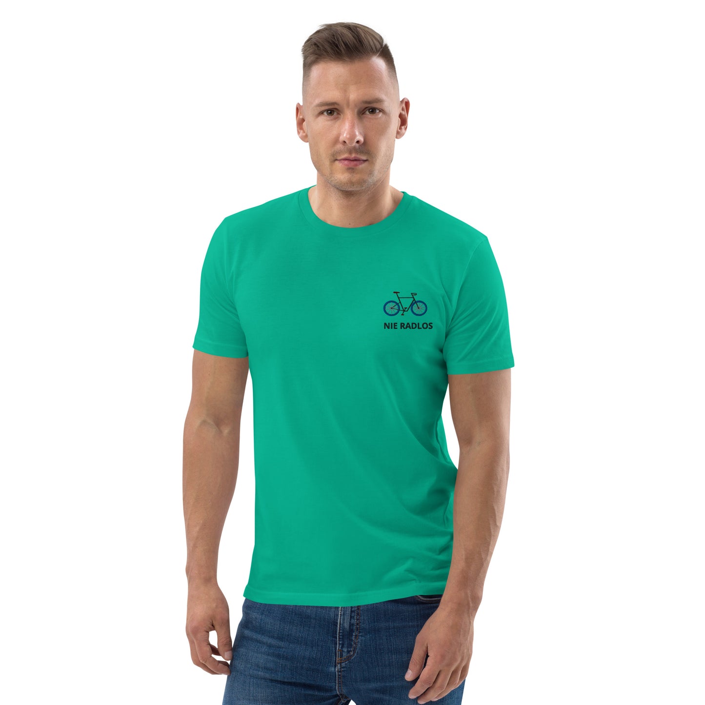 Fahrrad (NIE RADLOS) auf Unisex-Bio-Baumwoll-T-Shirt gestickt