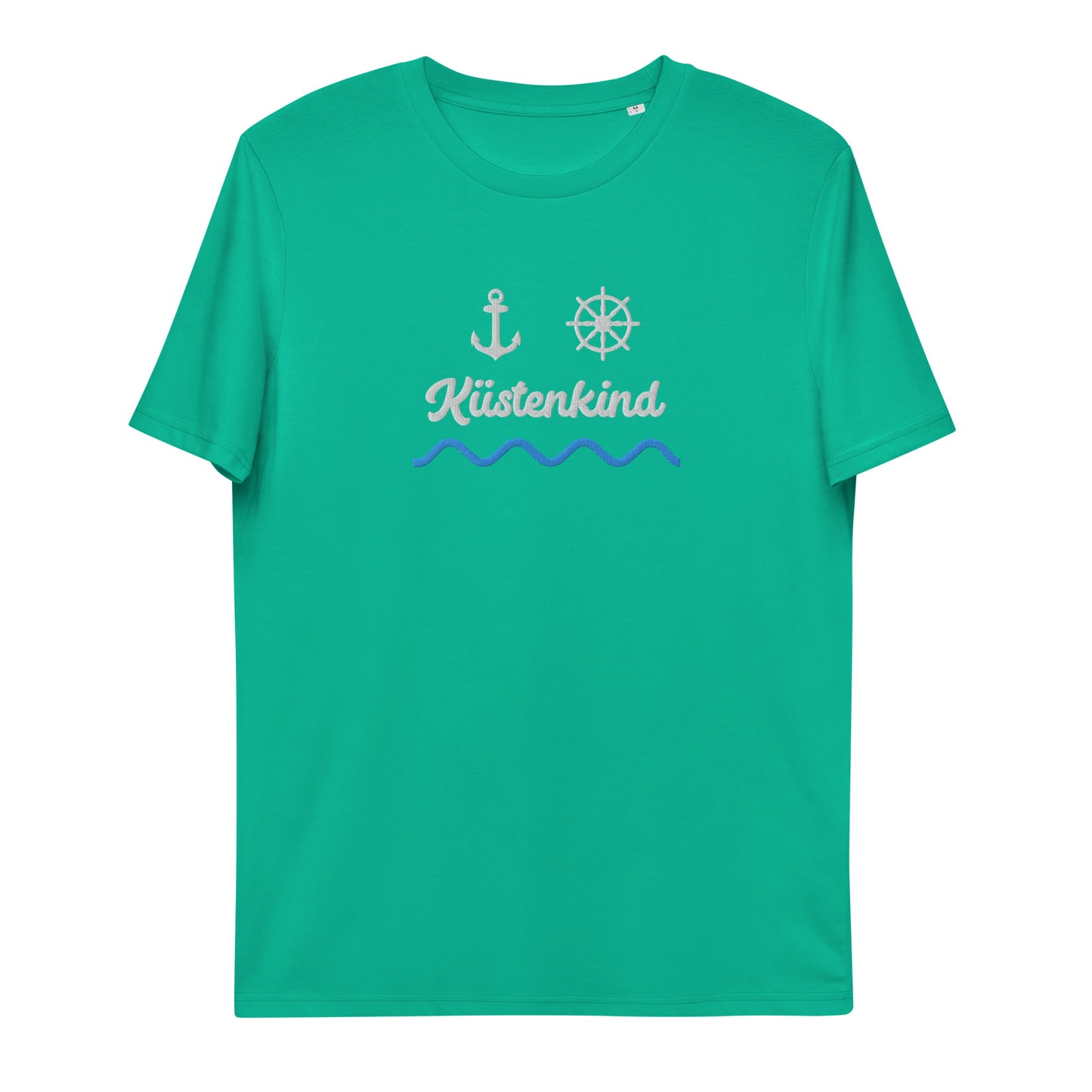 Küstenkind Motiv (Anker und Steuerrad) auf Unisex-Bio-Baumwoll-T-Shirt gestickt