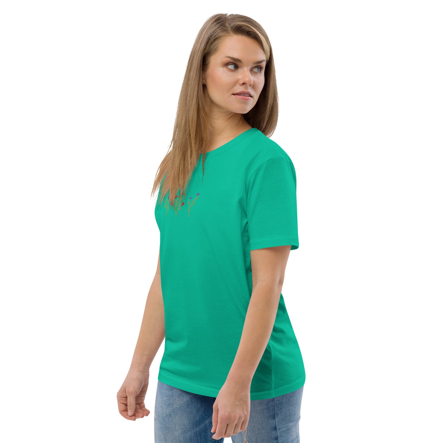 Wildblumen auf Unisex-Bio-Baumwoll-T-Shirt gestickt