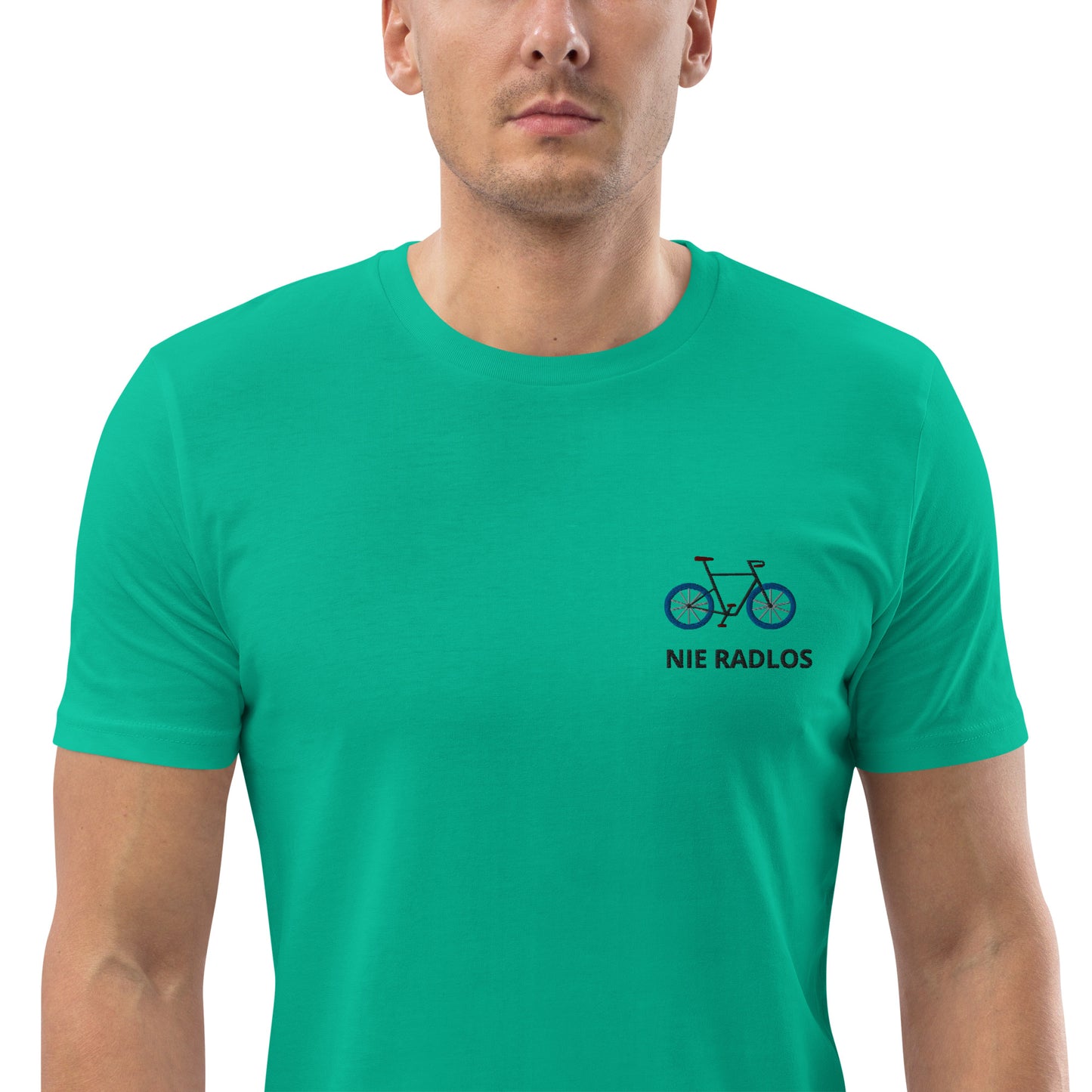 Fahrrad (NIE RADLOS) auf Unisex-Bio-Baumwoll-T-Shirt gestickt