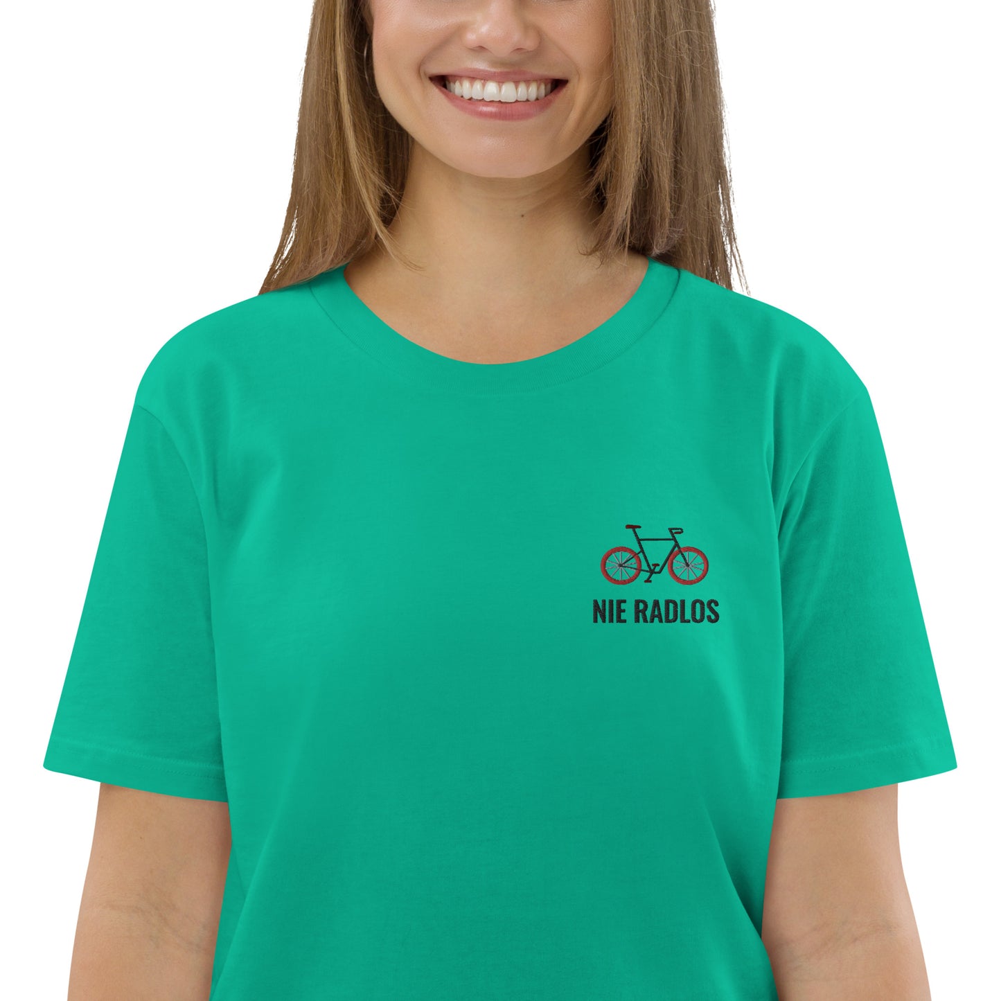 Fahrrad (NIE RADLOS) auf Unisex-Bio-Baumwoll-T-Shirt gestickt