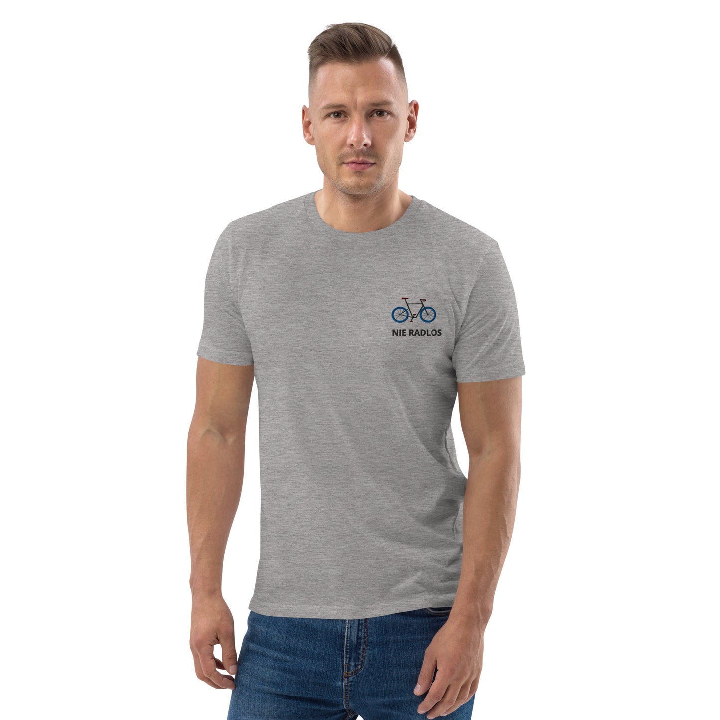 Fahrrad (NIE RADLOS) auf Unisex-Bio-Baumwoll-T-Shirt gestickt