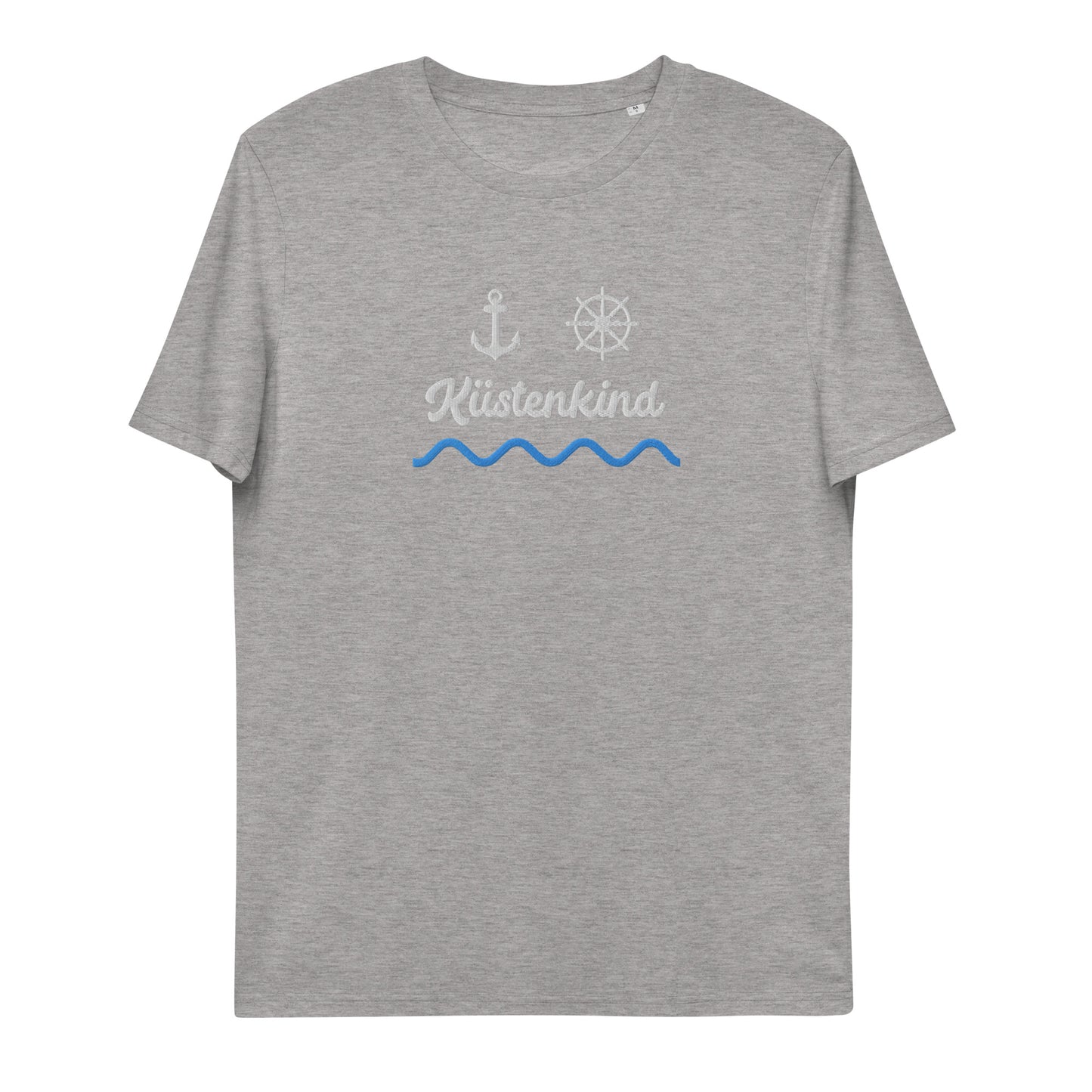 Küstenkind Motiv (Anker und Steuerrad) auf Unisex-Bio-Baumwoll-T-Shirt gestickt